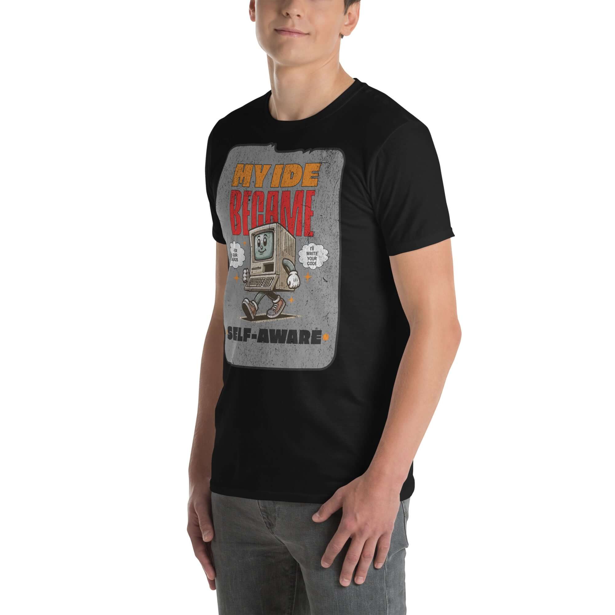 Man wearing 'My IDE Became Self-Aware' T-shirt with cute computer AI design, featuring a chubby vintage computer.