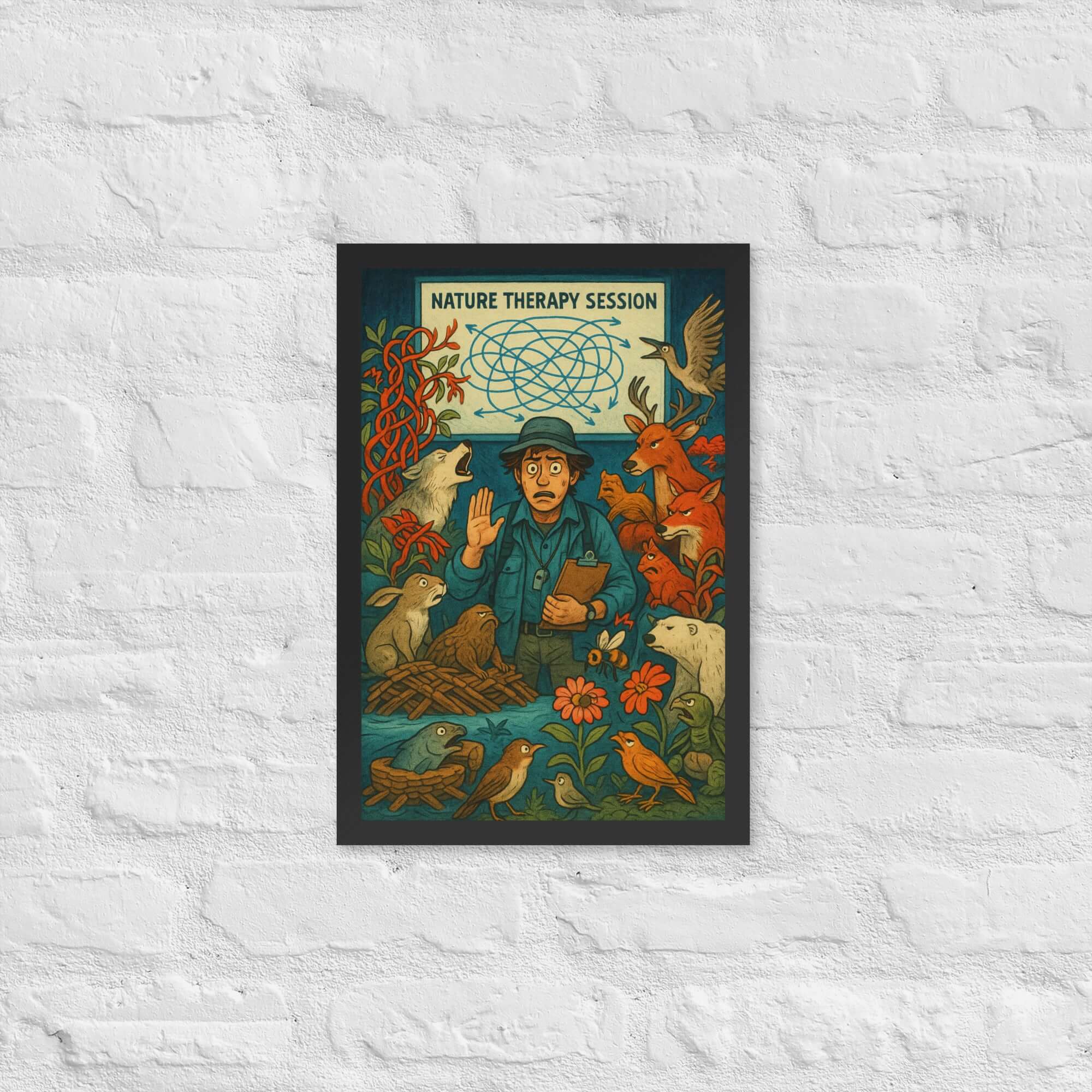 Vintage nature therapy wall poster with a counselor surrounded by wildlife and vibrant ecosystem dynamics.