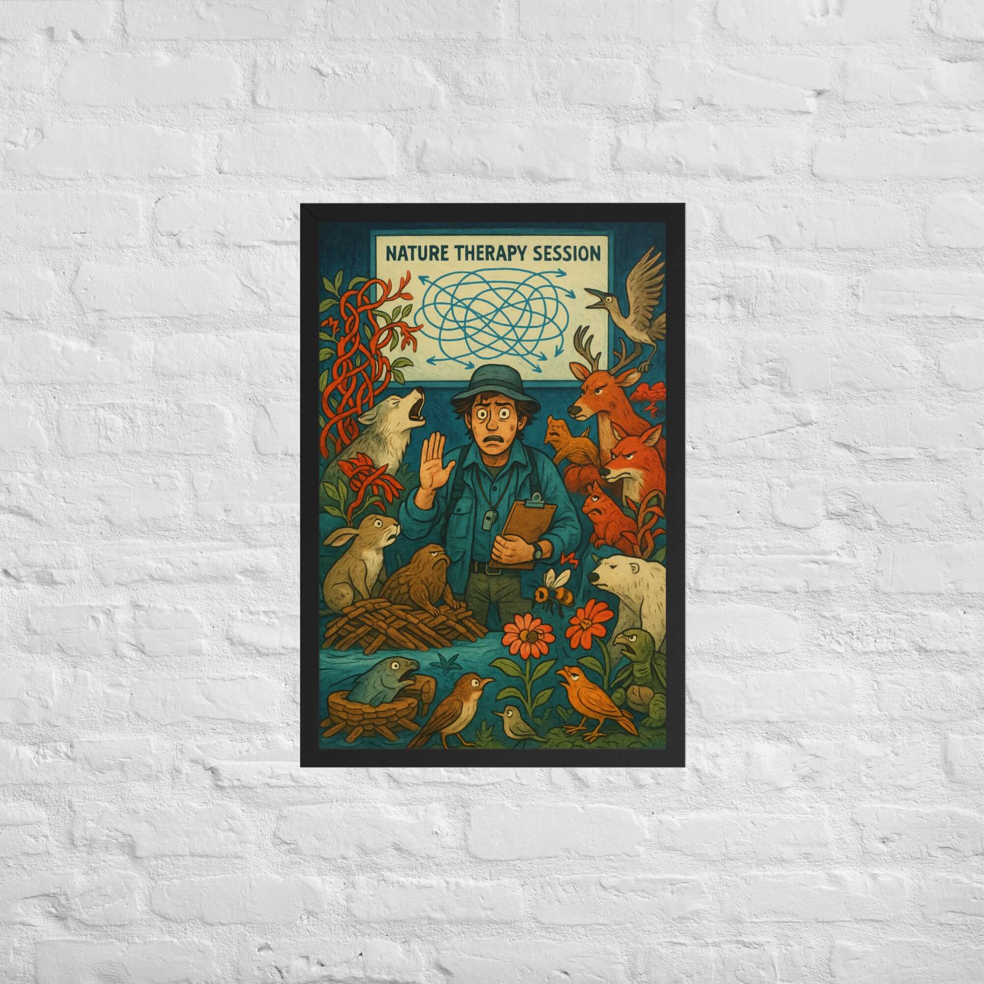 Nature therapy session wall poster featuring a person surrounded by wildlife in a colorful wilderness setting.