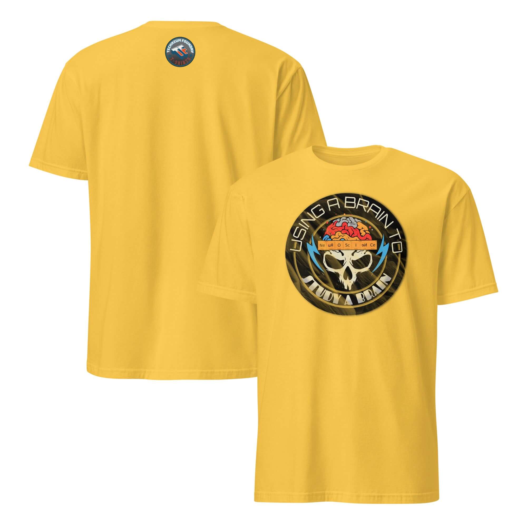 Yellow neuroscience T-shirt with "Using A Brain To Study A Brain" design featuring brain and skull graphic, science humor.