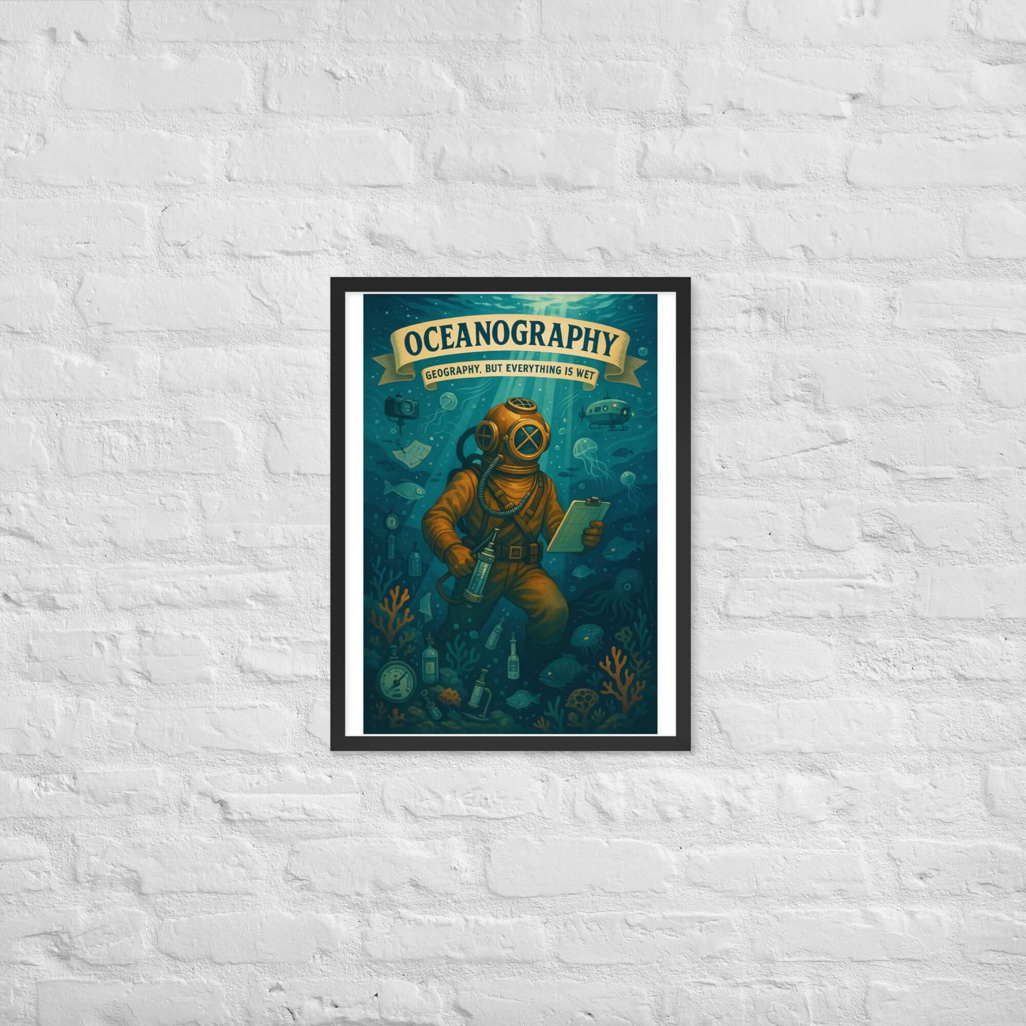 Vintage Oceanography Wall Poster with diver exploring underwater geography