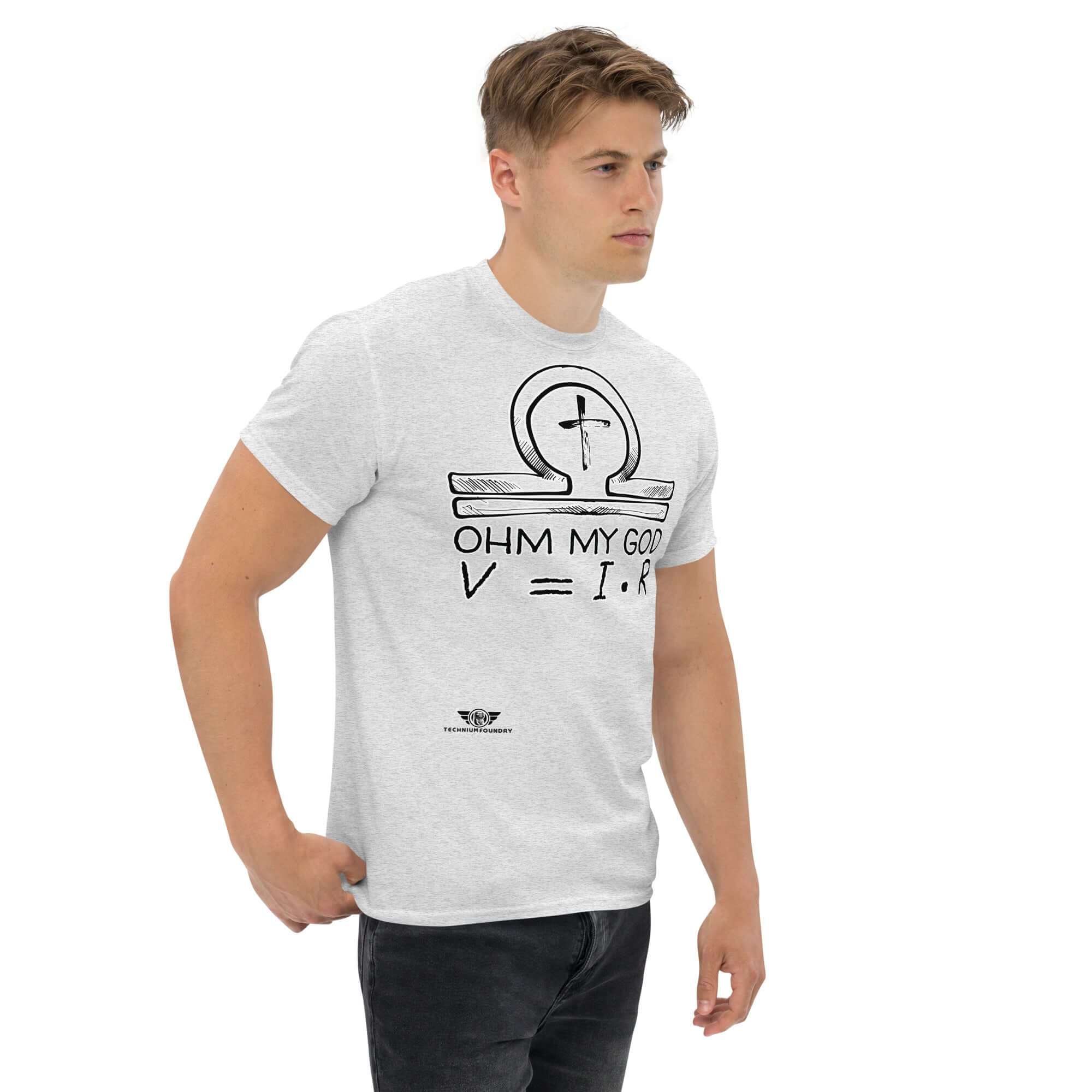 Man wearing 'Ohm My God' t-shirt with Ohm's Law and Christian symbolism, blending physics and faith for a humorous twist.
