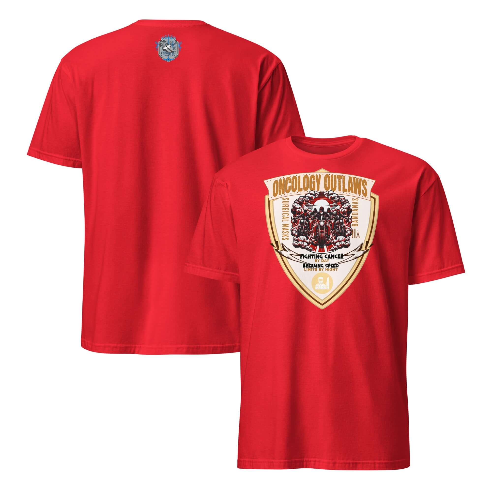 Oncology Outlaws Motorcycle Club T-Shirt, Cancer Fighter Biker Tee with shield insignia on a red cotton fabric.