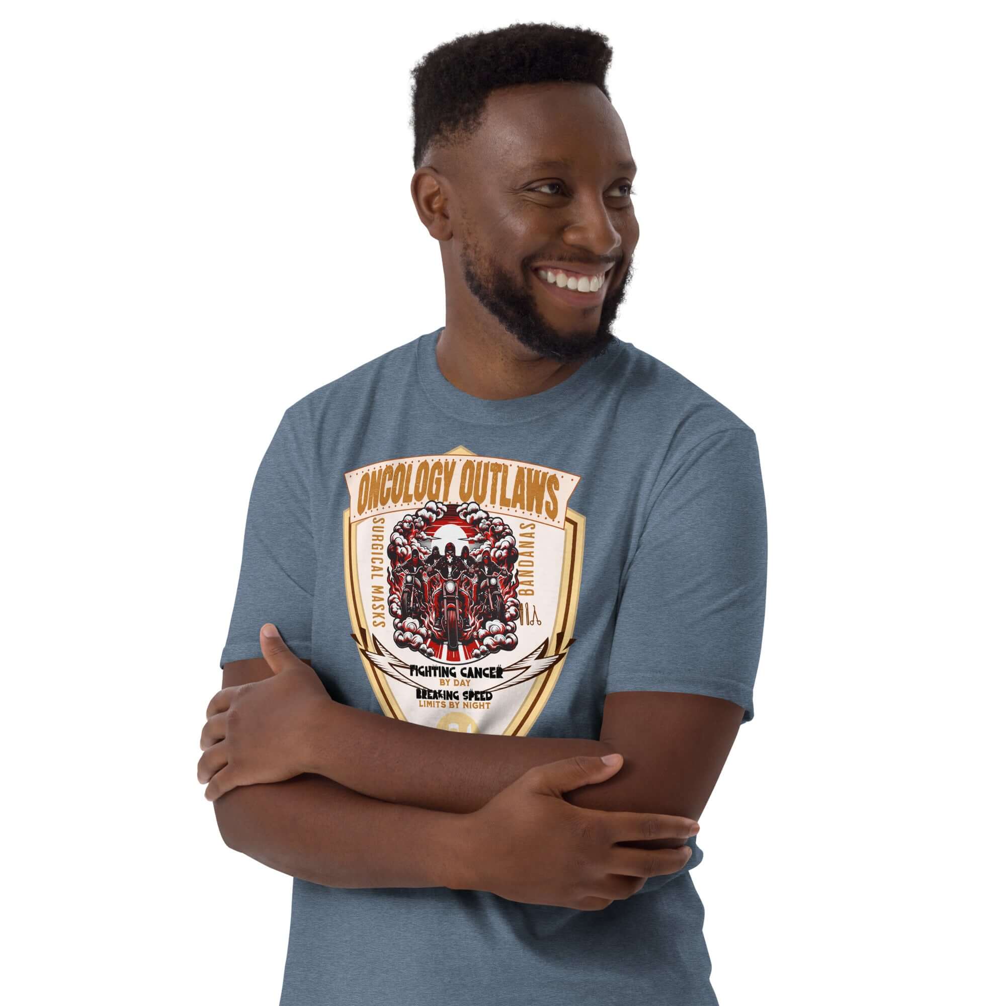 Man wearing Oncology Outlaws Motorcycle Club T-Shirt, Cancer Fighter Biker Tee with emblem of riders against a dynamic backdrop.