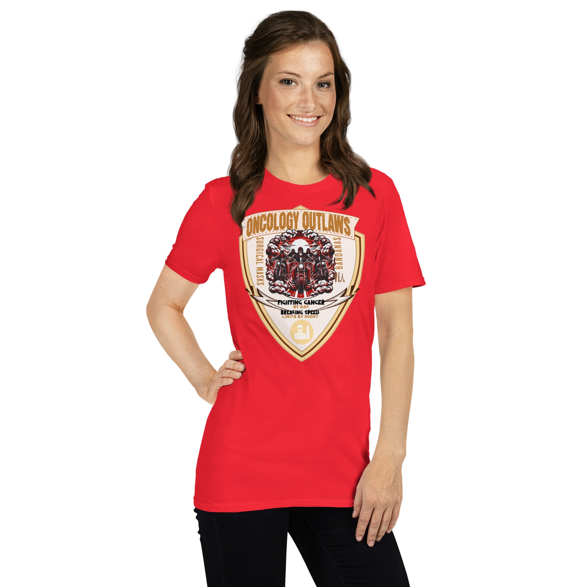 Woman wearing red Oncology Outlaws Motorcycle Club T-shirt, featuring cancer fighter biker emblem with shield-shaped insignia.