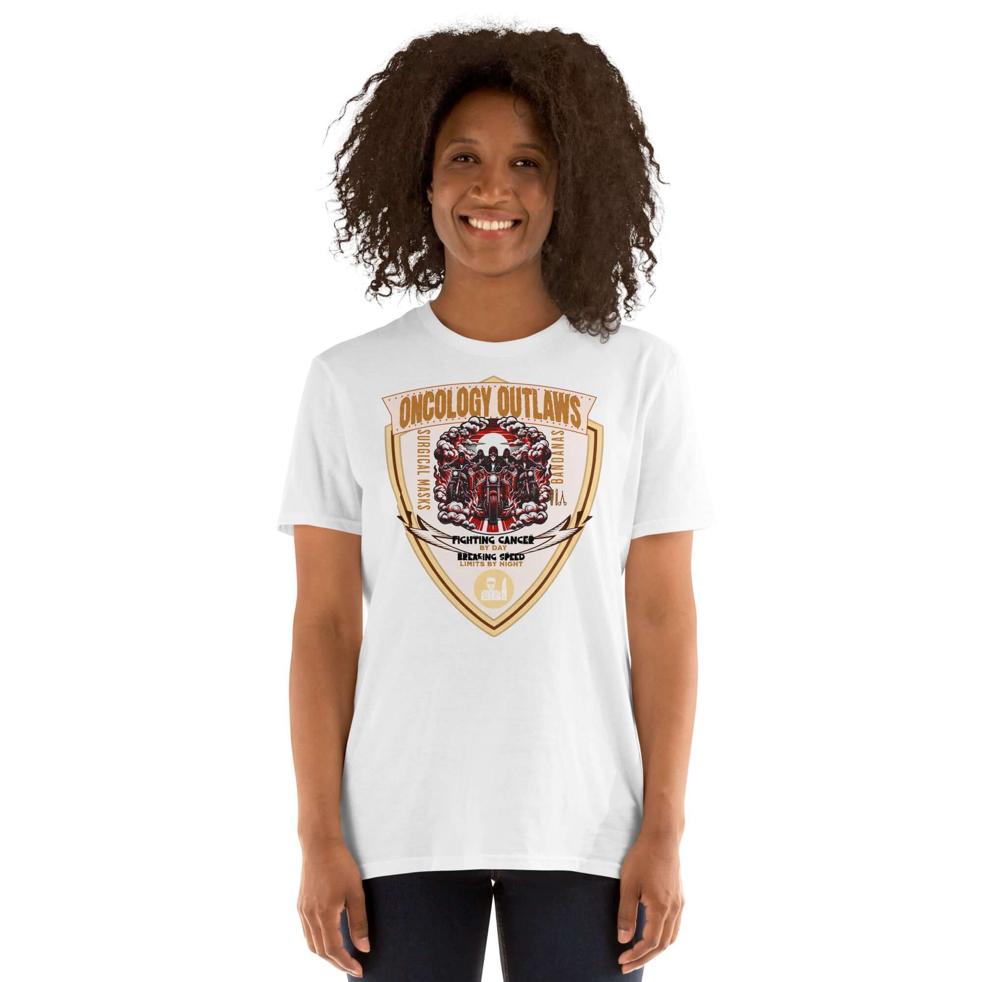Woman wearing Oncology Outlaws Motorcycle Club T-Shirt with cancer fighter design.