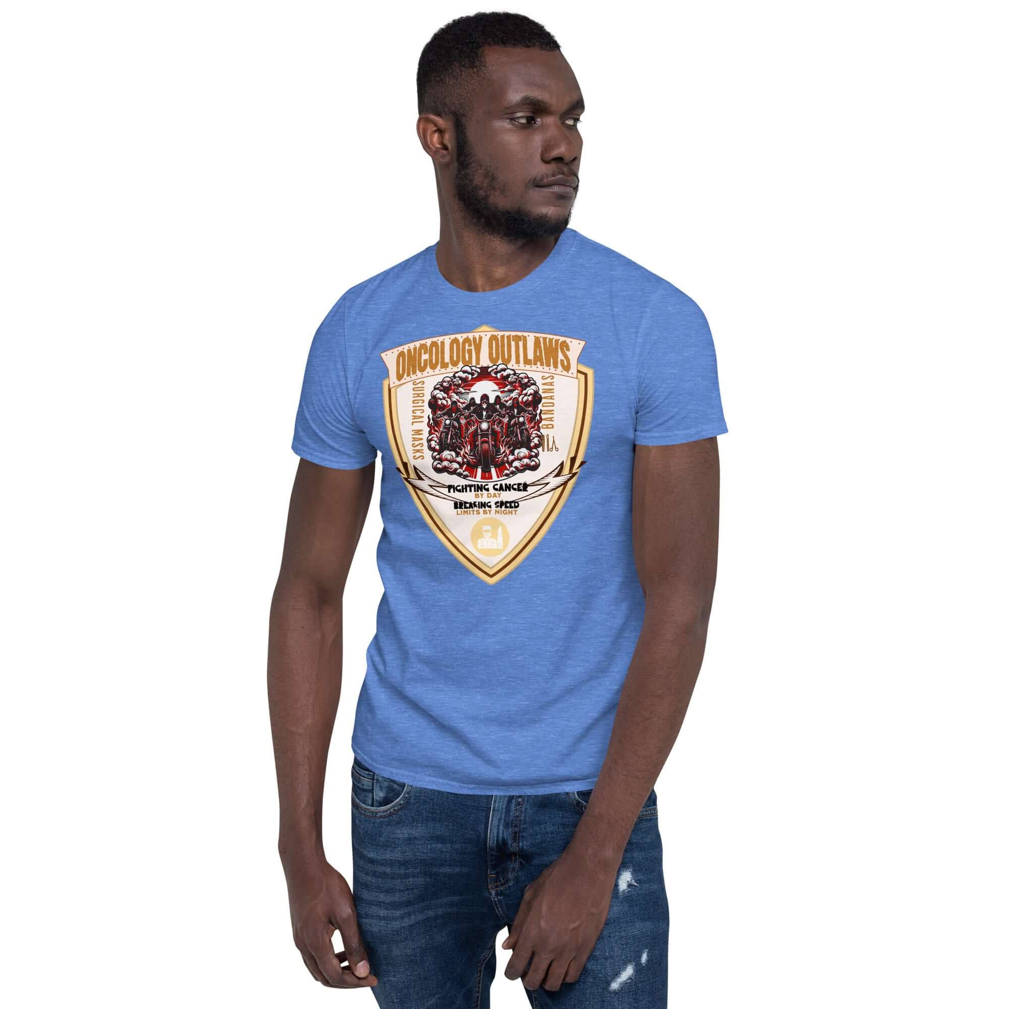 Man wearing blue Oncology Outlaws Motorcycle Club T-Shirt, featuring cancer fighter biker emblem.