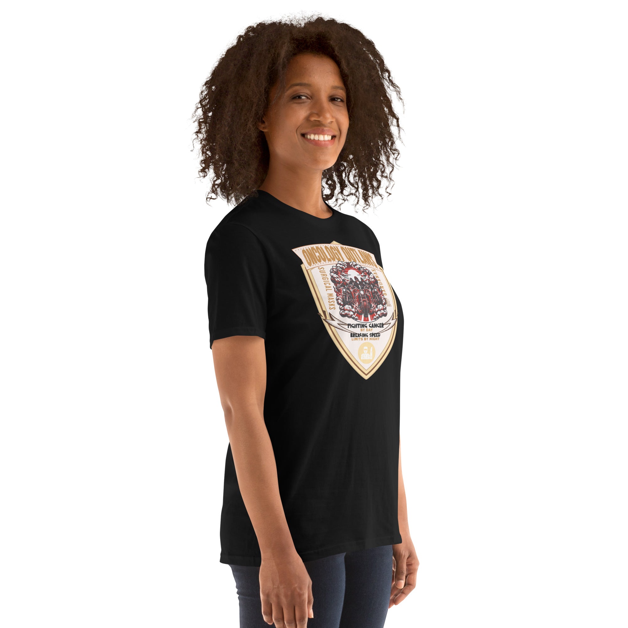 Woman wearing Oncology Outlaws Motorcycle Club T-Shirt, featuring cancer fighter emblem, capturing rebellious spirit on open road.