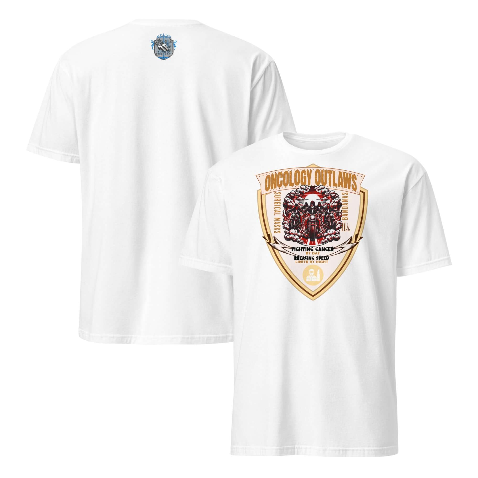 Oncology Outlaws Motorcycle Club T-Shirt featuring cancer fighter biker tee design with shield insignia and riders formation.
