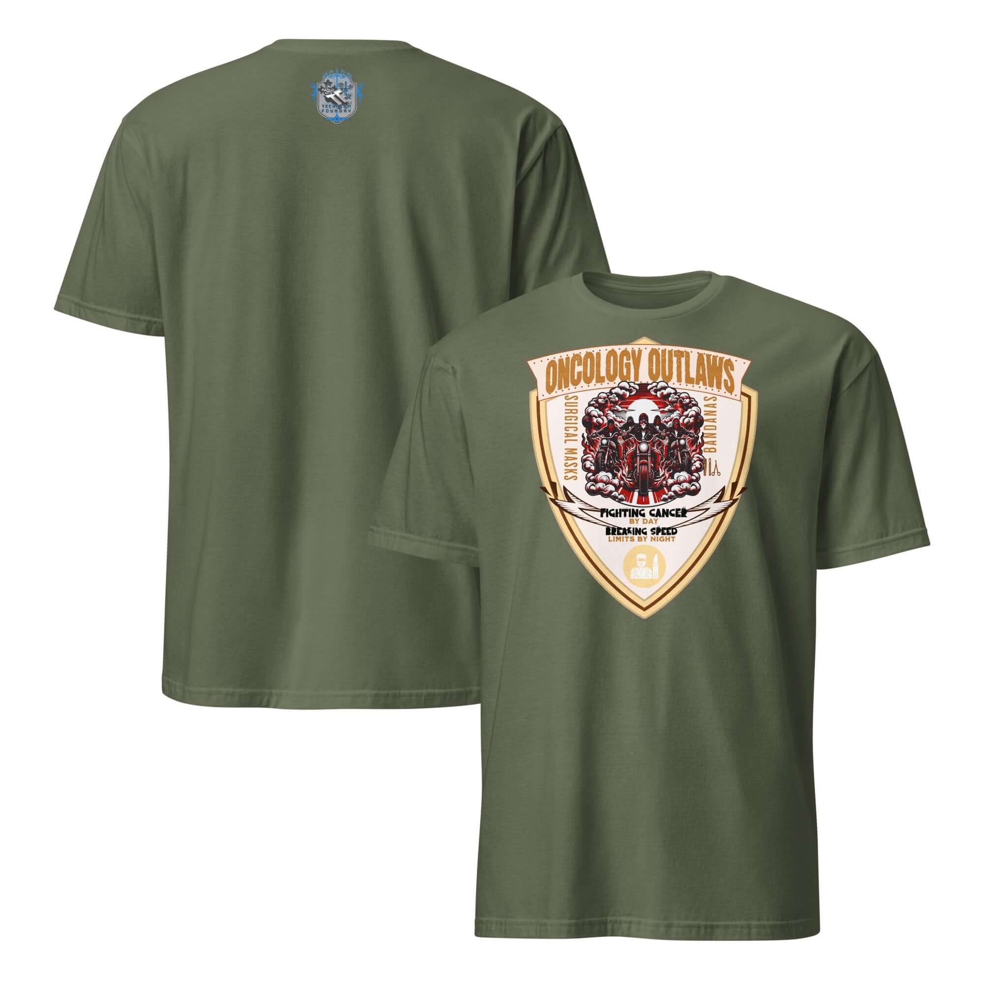 Oncology Outlaws Motorcycle Club T-Shirt, Cancer Fighter Biker Tee with shield emblem, green color.