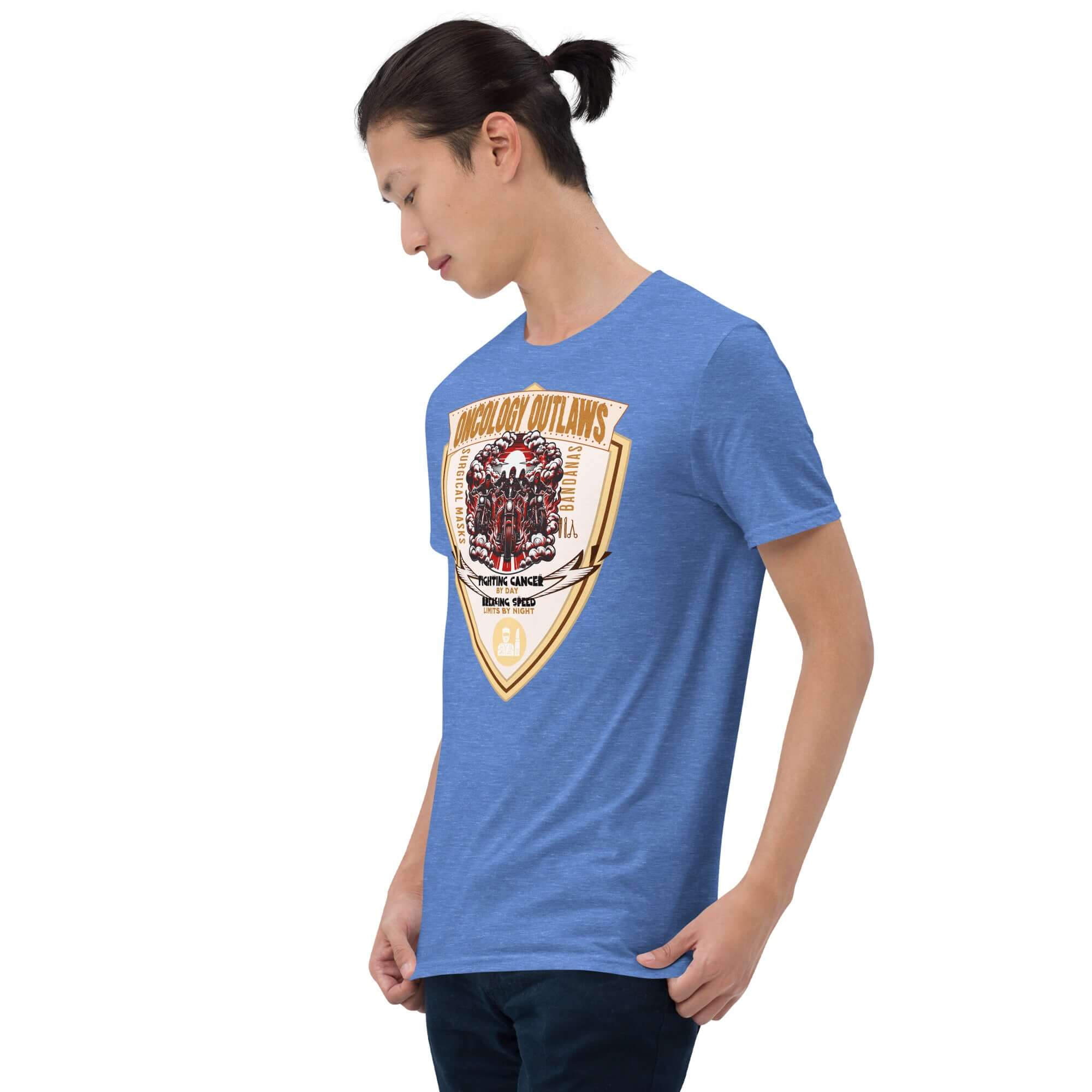Oncology Outlaws Motorcycle Club T-Shirt featuring cancer fighter biker design, worn by model, blue tee showcasing biker emblem.
