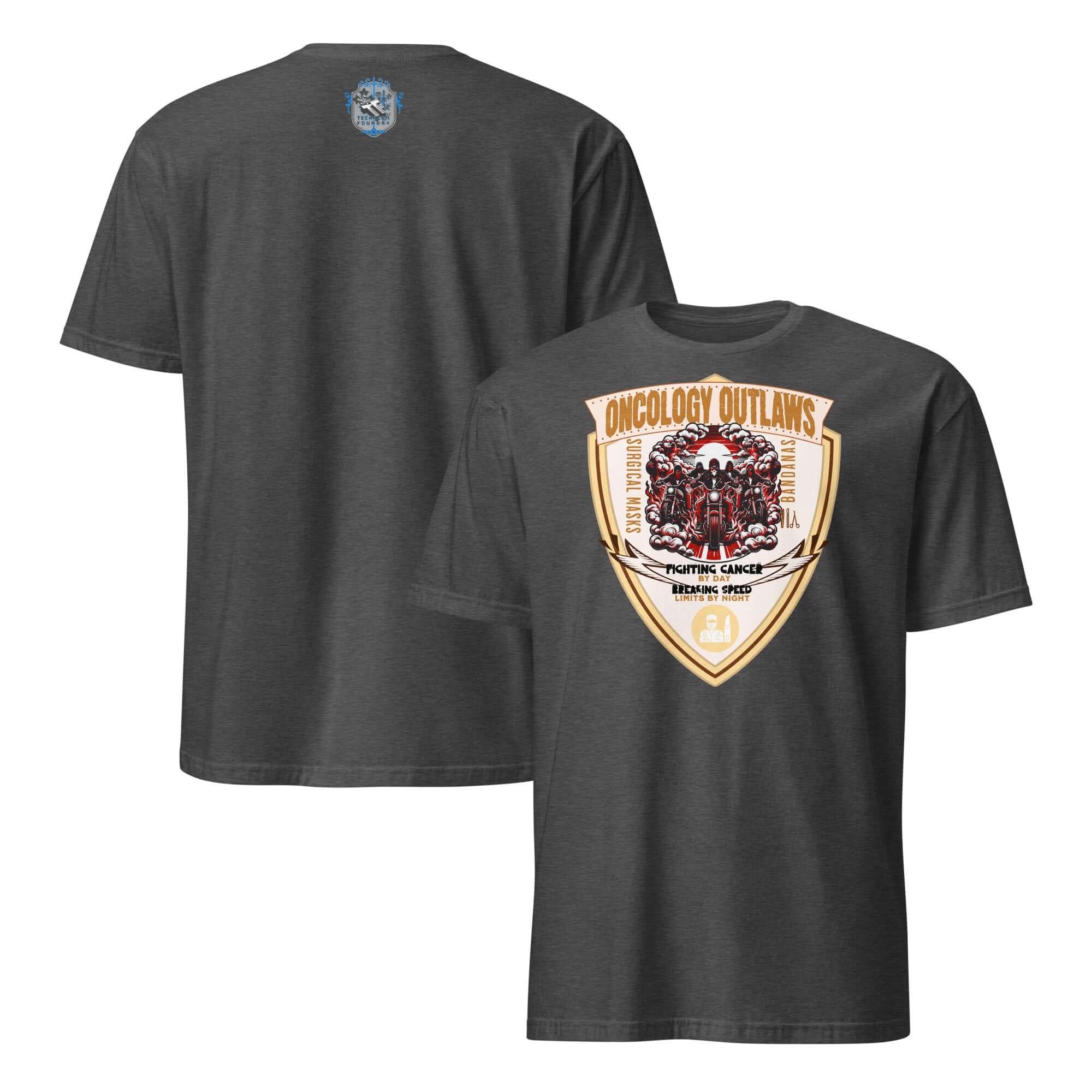 Oncology Outlaws Motorcycle Club T-Shirt with Cancer Fighter Biker design, featuring shield-shaped emblem with riders on dark fabric.