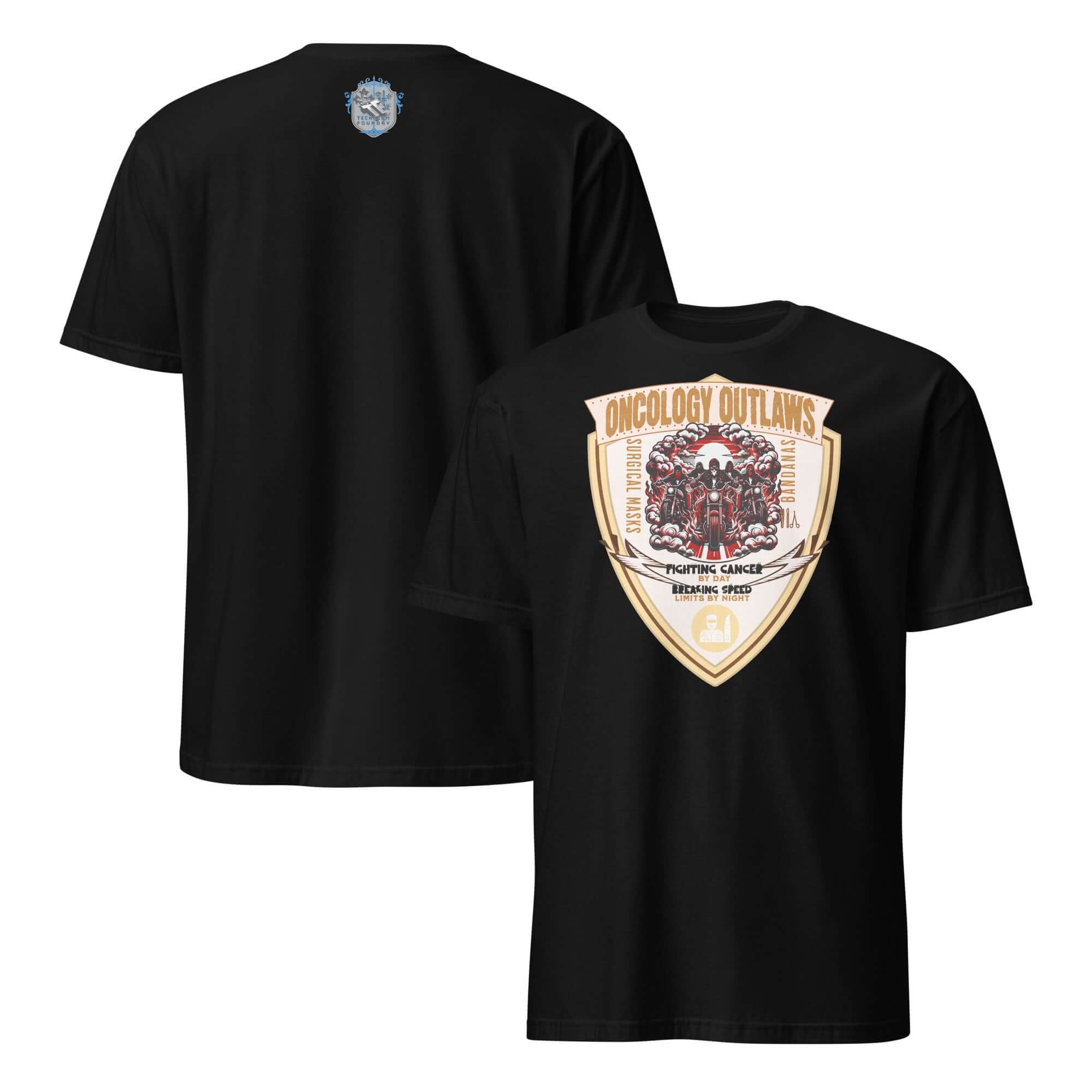 Oncology Outlaws Motorcycle Club T-Shirt featuring cancer fighter biker emblem on black tee with shield-shaped insignia.