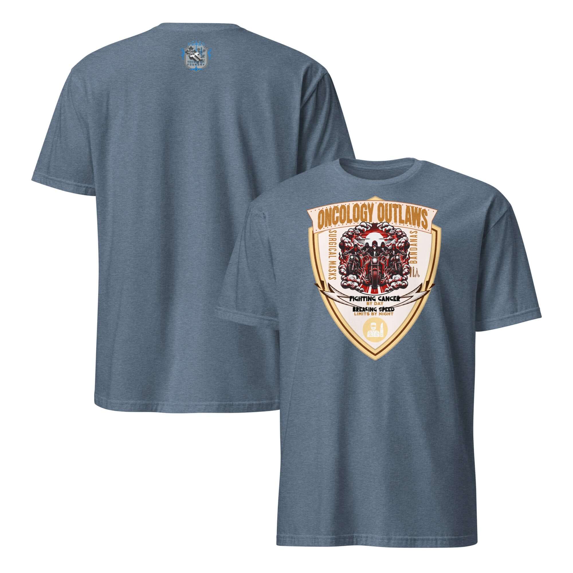 Oncology Outlaws Motorcycle Club T-Shirt featuring cancer fighter biker emblem and riders formation on a shield-shaped insignia.