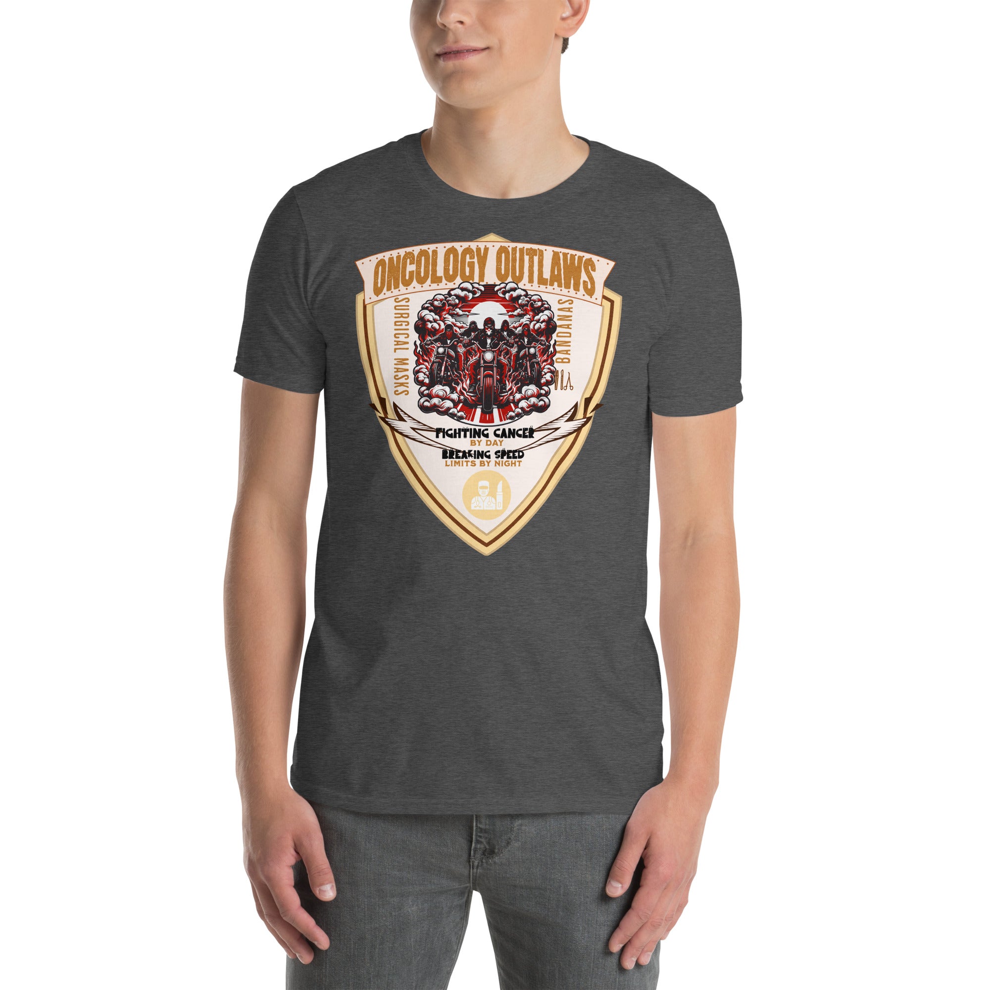 Oncology Outlaws Motorcycle Club T-Shirt featuring a shield emblem with riders, symbolizing cancer fighters with bold spirit.