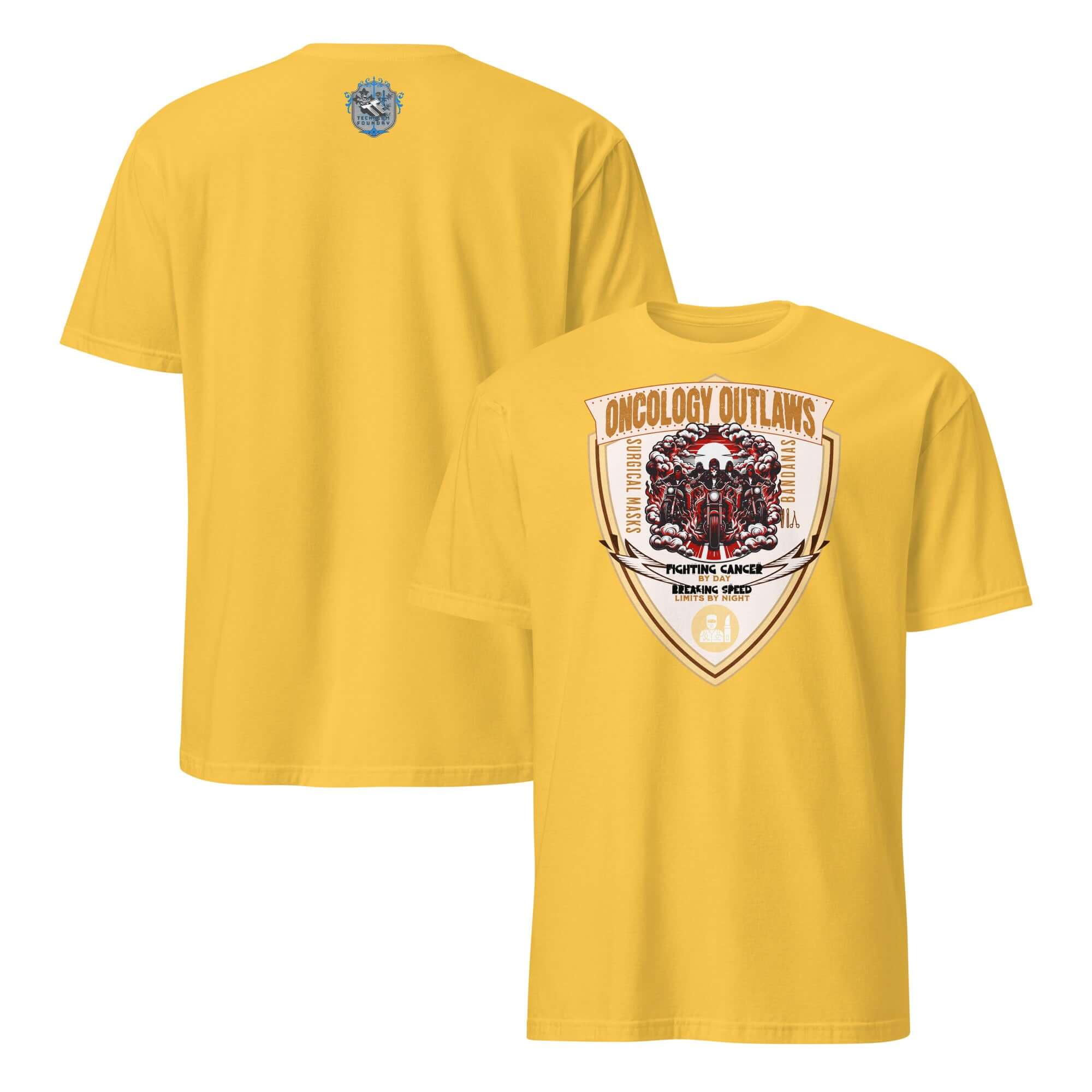 Yellow Oncology Outlaws Motorcycle Club T-Shirt with cancer fighter biker insignia, featuring shield and rider design.