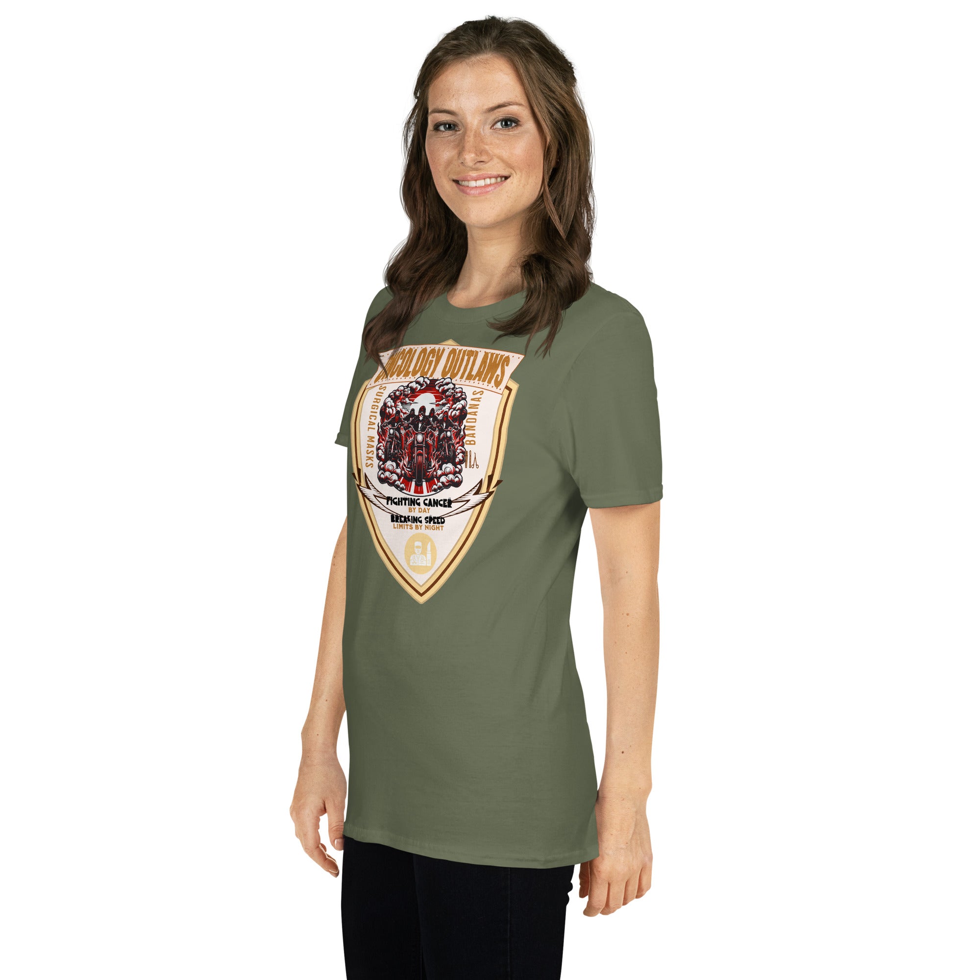 Oncology Outlaws Motorcycle Club T-Shirt modeled by a smiling person, featuring cancer fighter biker emblem on green fabric.