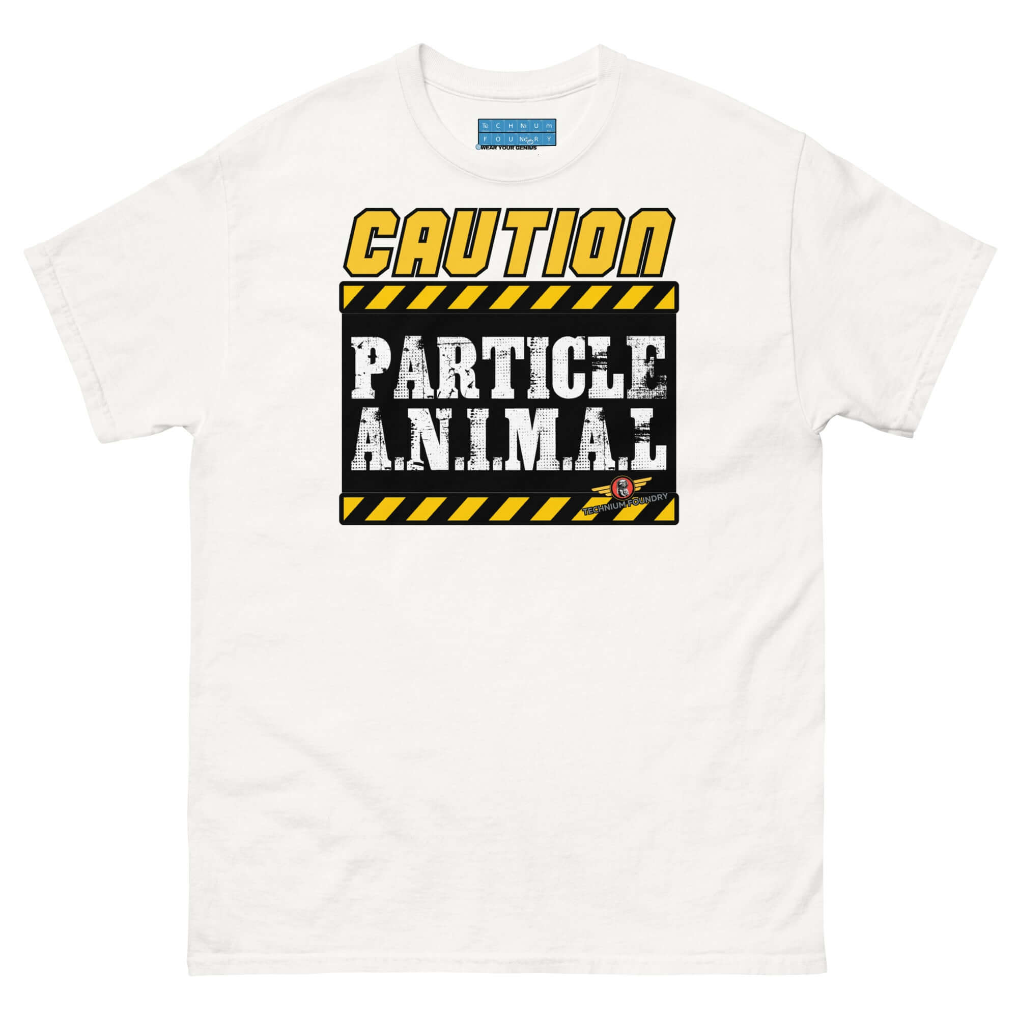 Particle Animal Caution Sign Physics T-Shirt | Science Humor Color: White T-Shirt Size: S Apparel & Accessories Technium Foundry