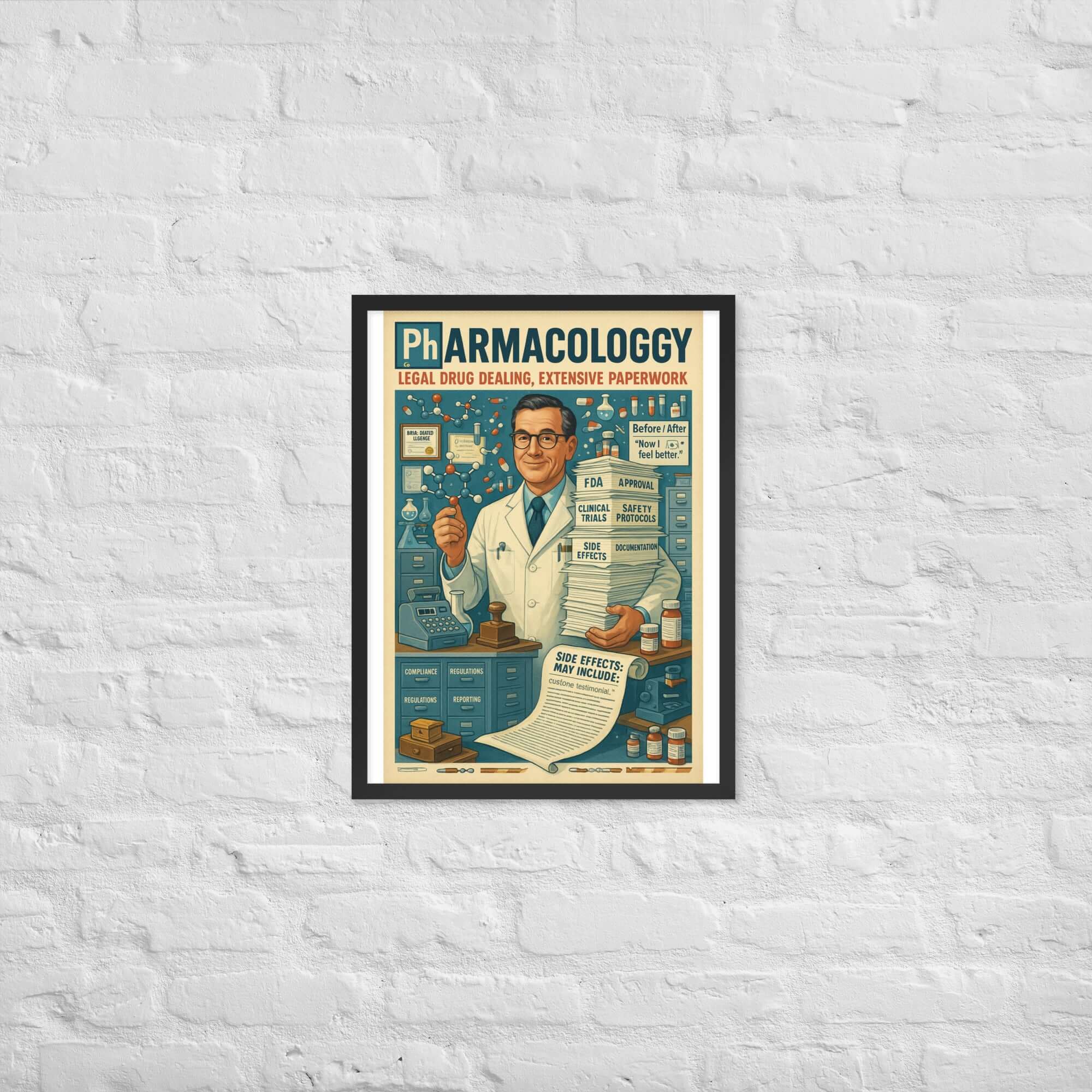 Pharmacology wall poster featuring vintage design, legal drug dealing theme, extensive paperwork illustration, hanging on white wall.