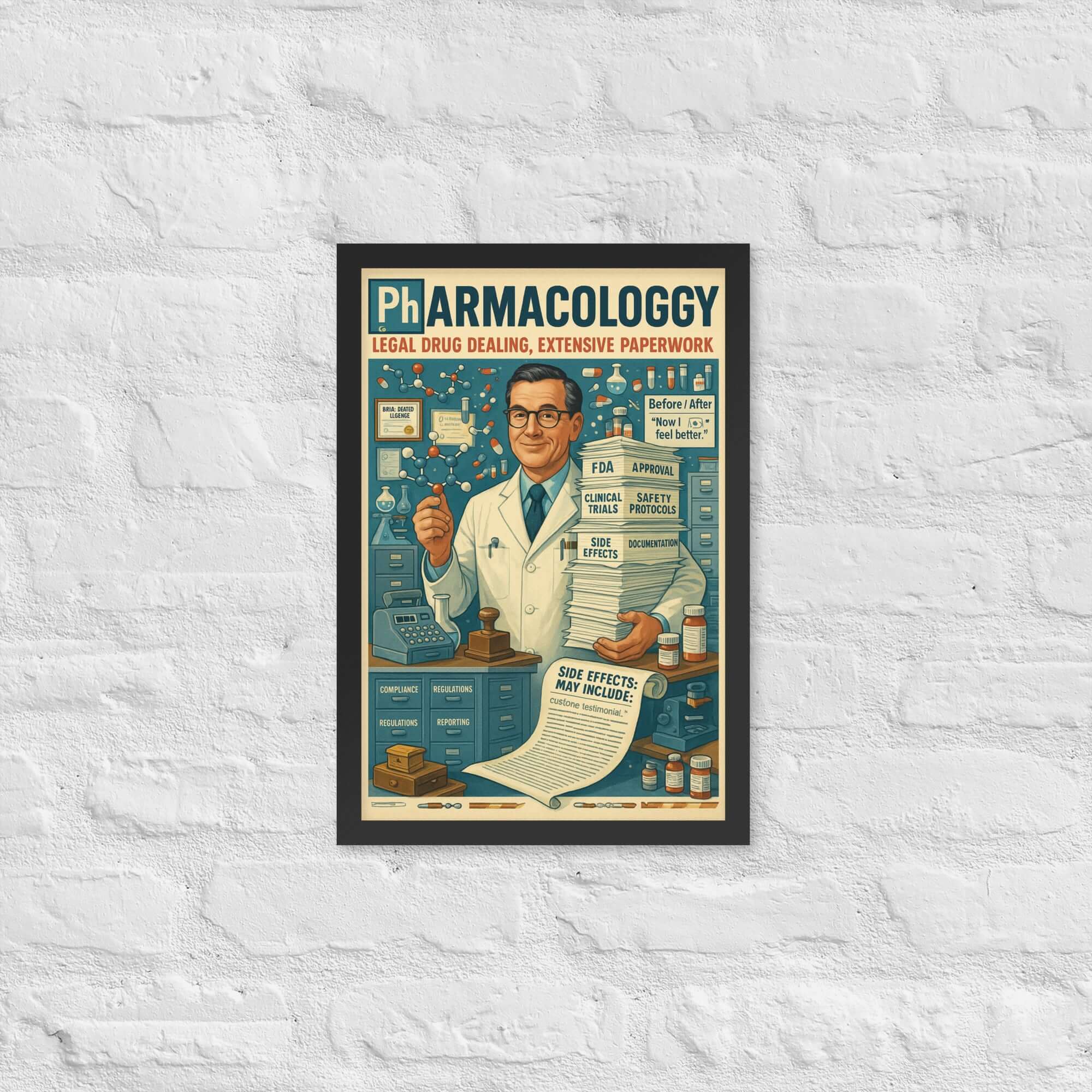 Pharmacology wall poster featuring a vintage style illustration of a pharmacist amidst paperwork, highlighting legal drug dealing.