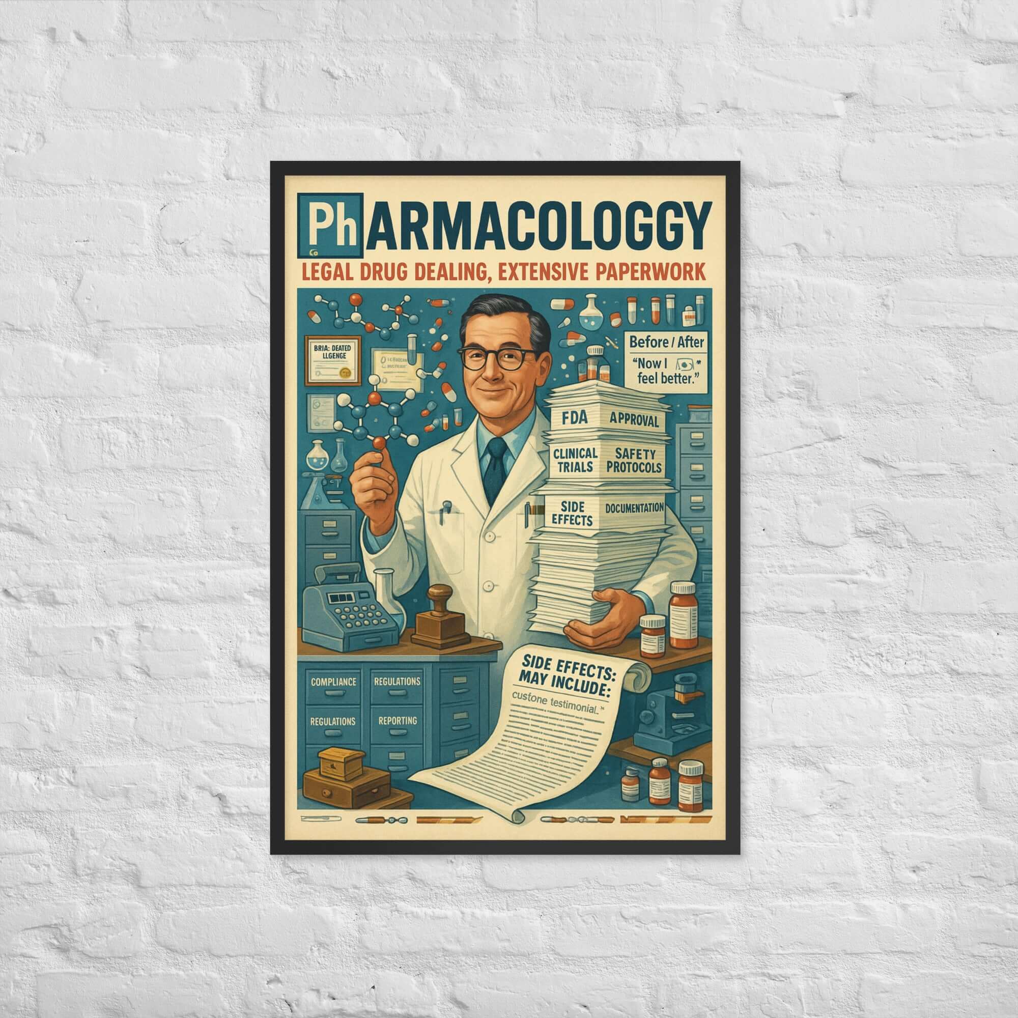 Pharmacology wall poster featuring a scientist with FDA approval documents and drug bottles, highlighting legal drug dealing and paperwork.