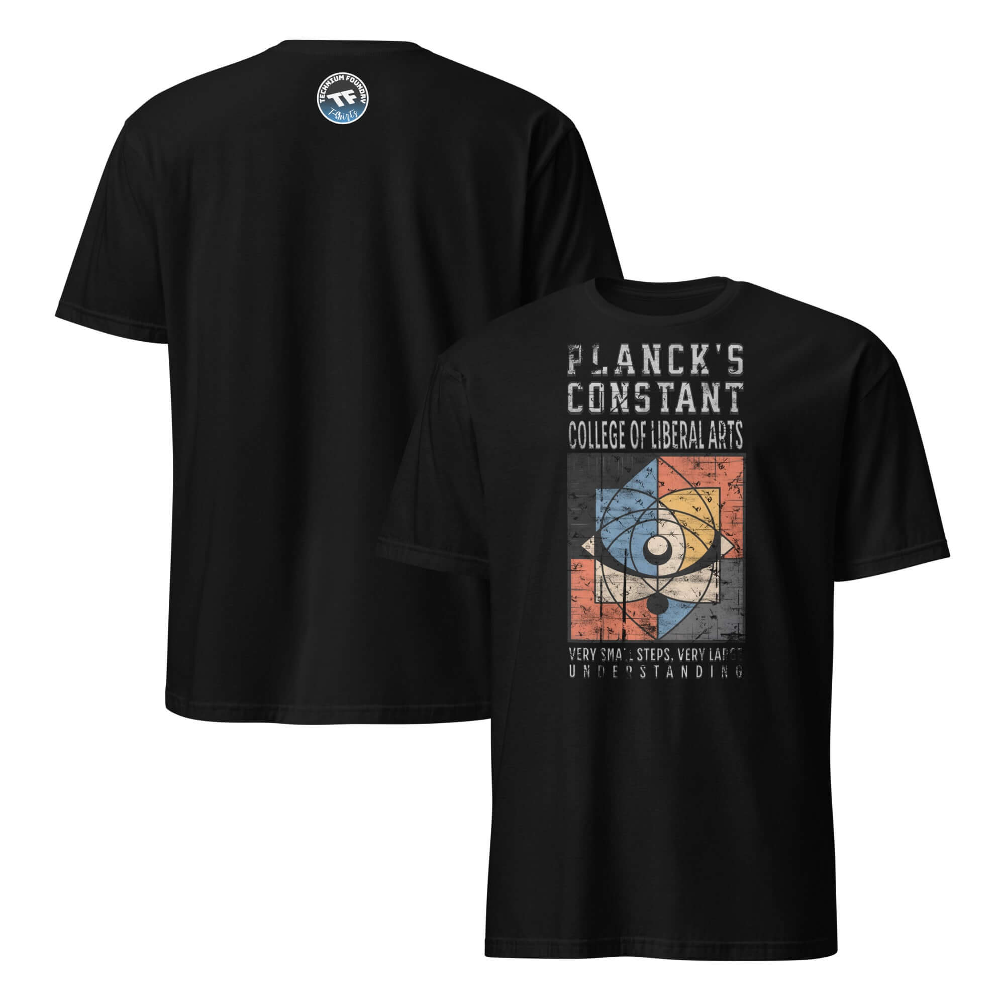 Black T-shirt featuring Planck's Constant College of Liberal Arts design with quantum physics humor and academic excellence theme