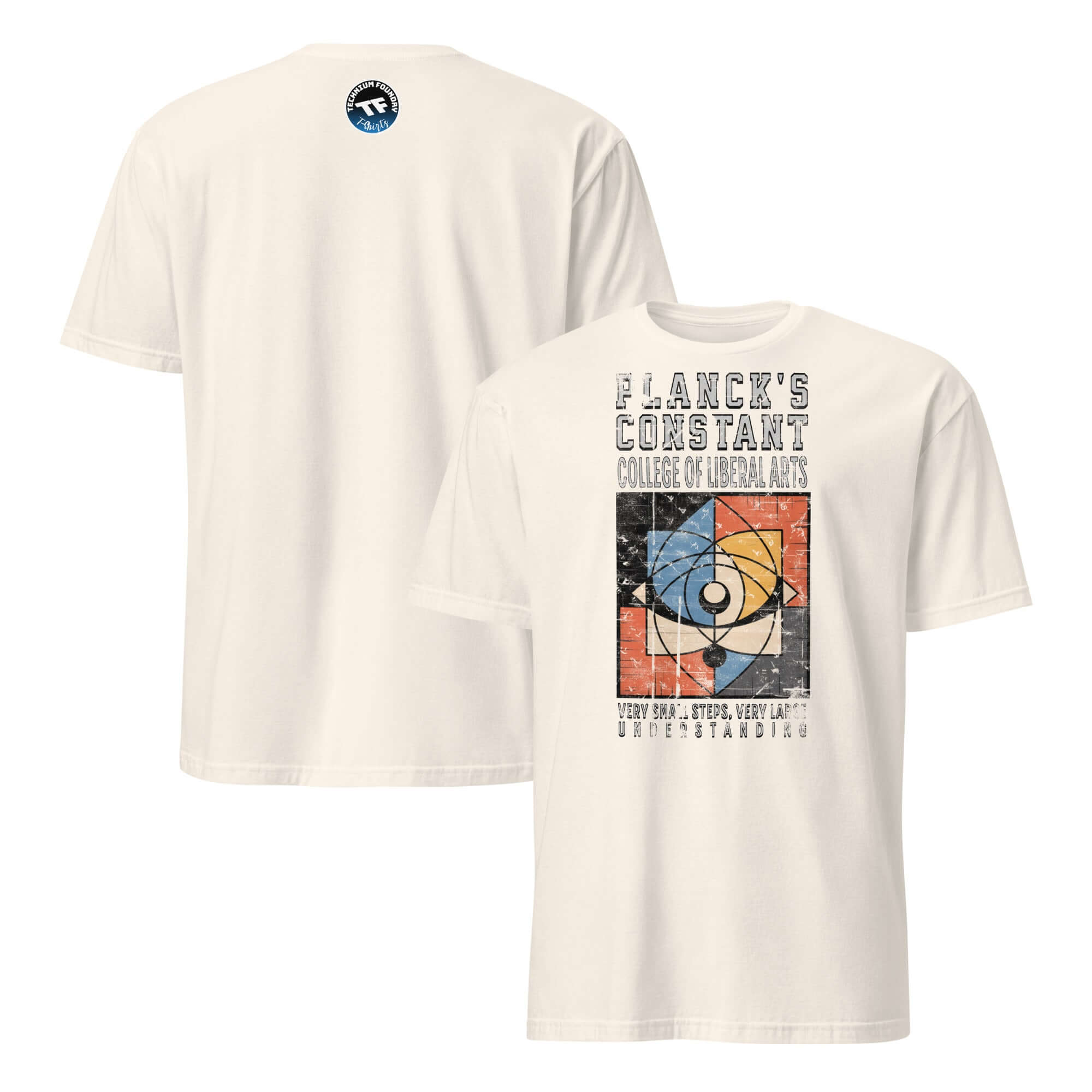 Planck's Constant College of Liberal Arts T-Shirt, humorous quantum physics theme promoting academic excellence.