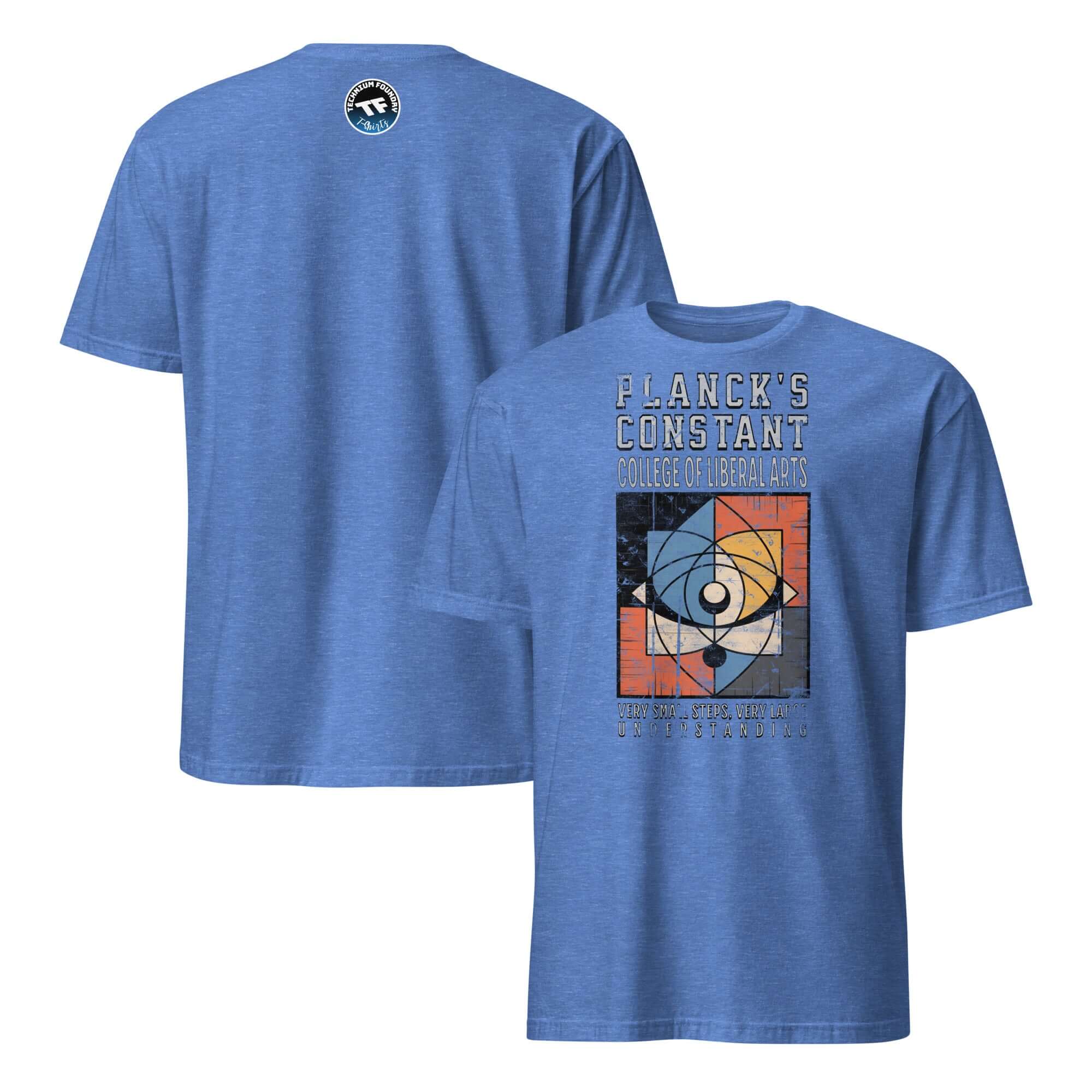 Blue "Planck's Constant College" T-shirt with quantum physics humor and academic design.
