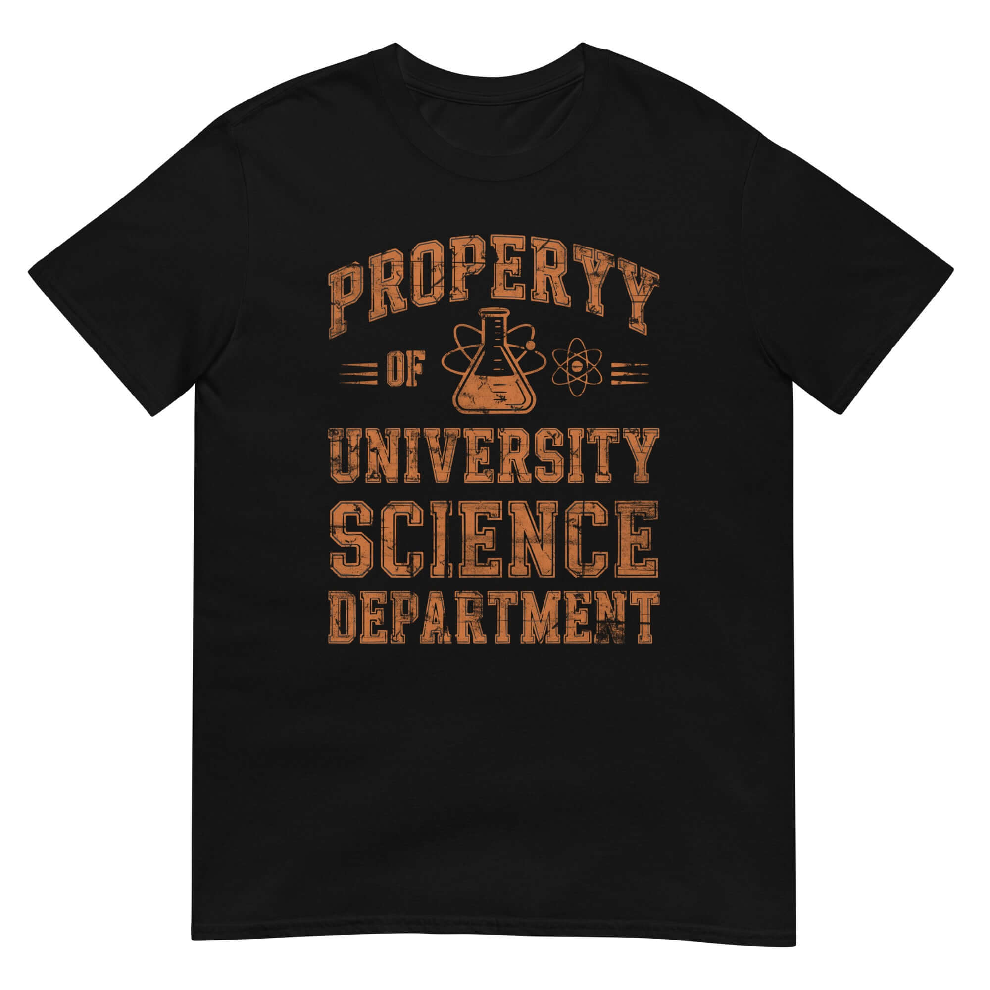 Black T-shirt with 'Property of University Science Department' printed in varsity-style font, showcasing academic team pride.