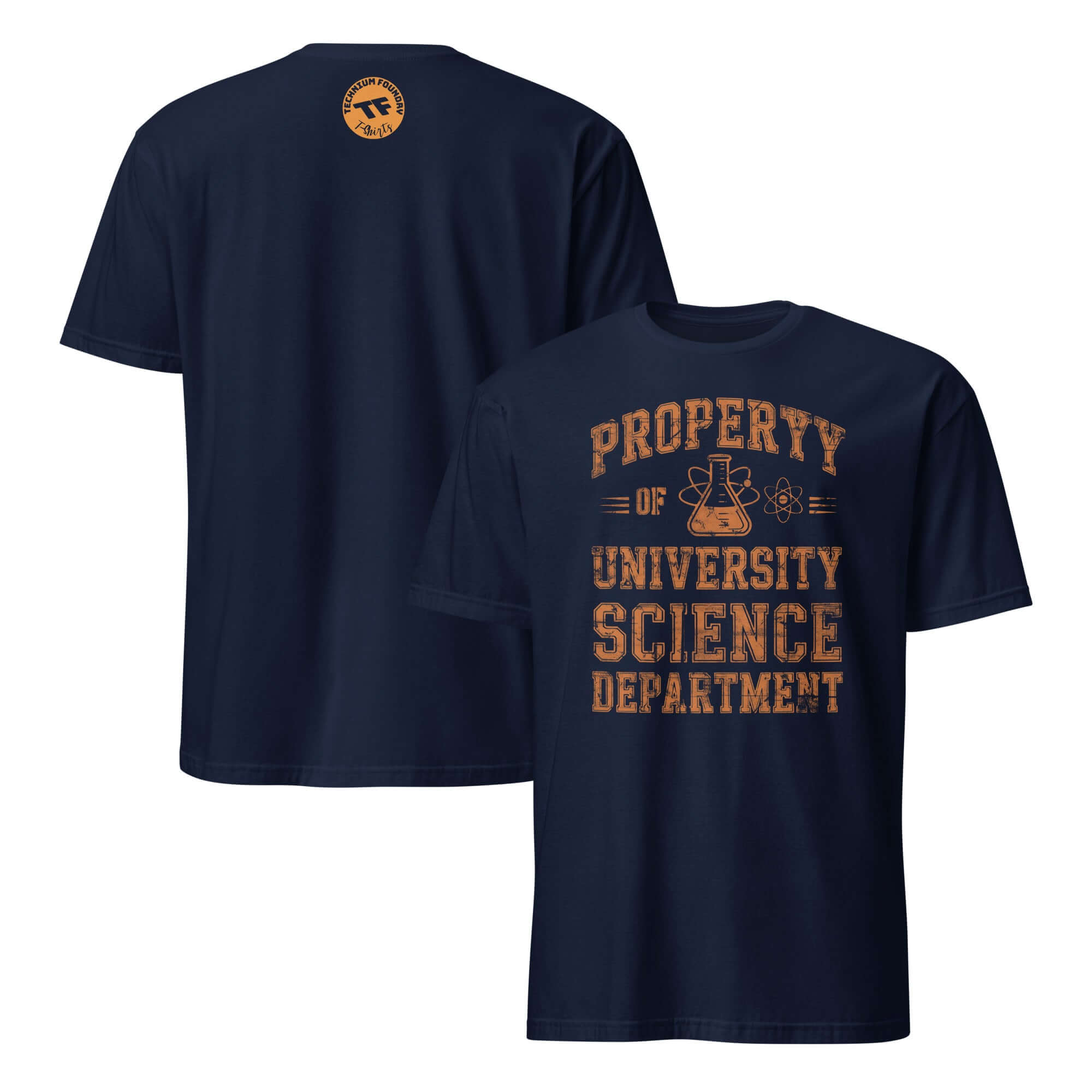 Navy blue t-shirt featuring "Property of University Science Department" text in varsity style, showcasing collegiate pride and academic spirit.