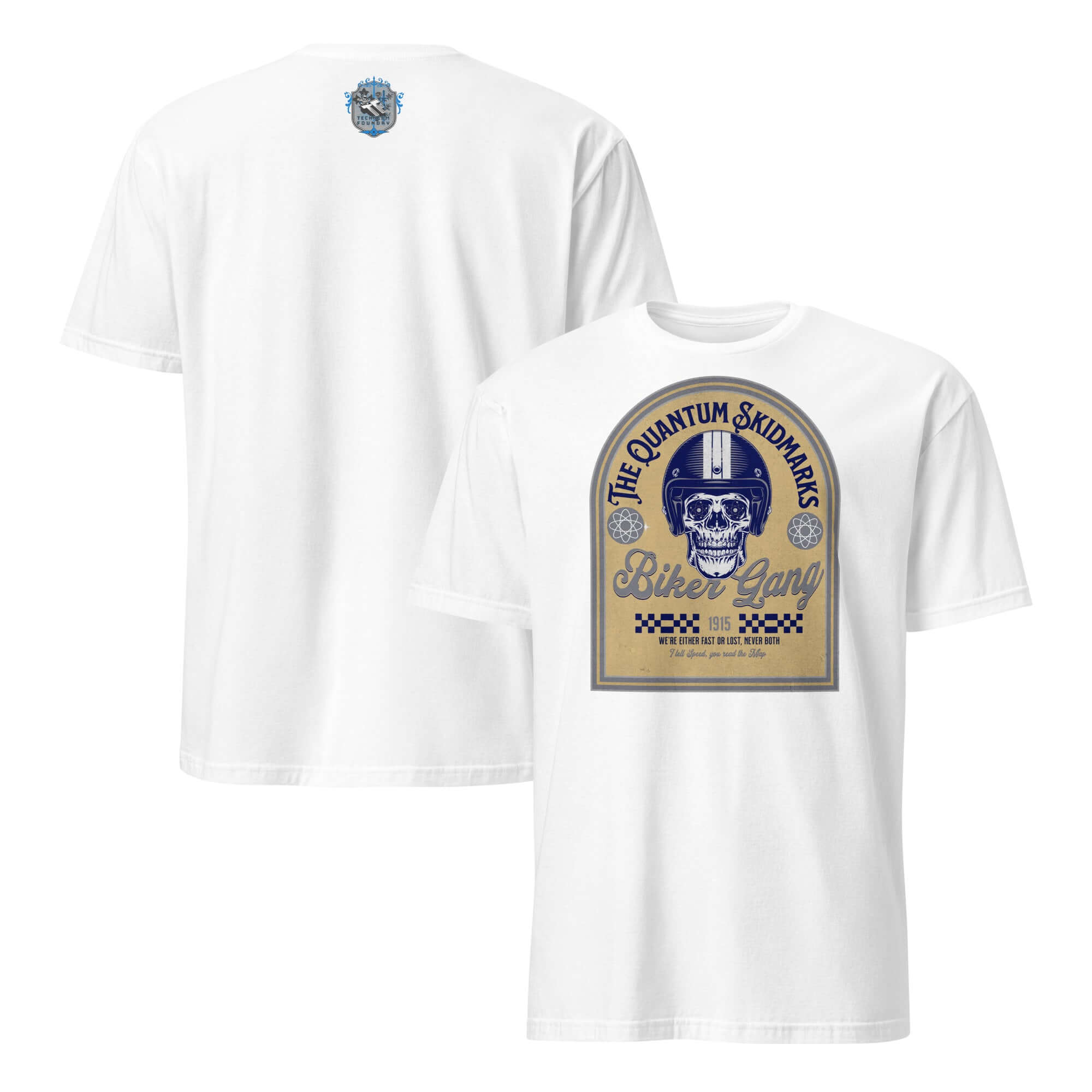 Quantum Skidmarks Motorcycle Club T-Shirt with physics biker gang skull design on front and back view.