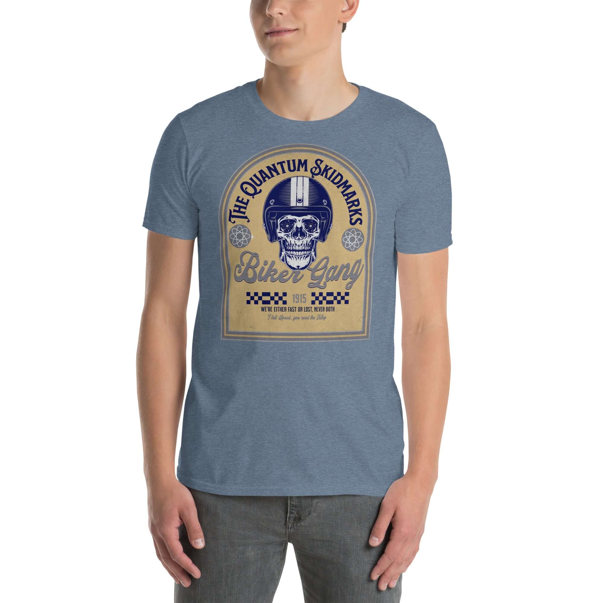 Blue Quantum Skidmarks Motorcycle Club T-Shirt featuring a skull in helmet design for physics biker enthusiasts.