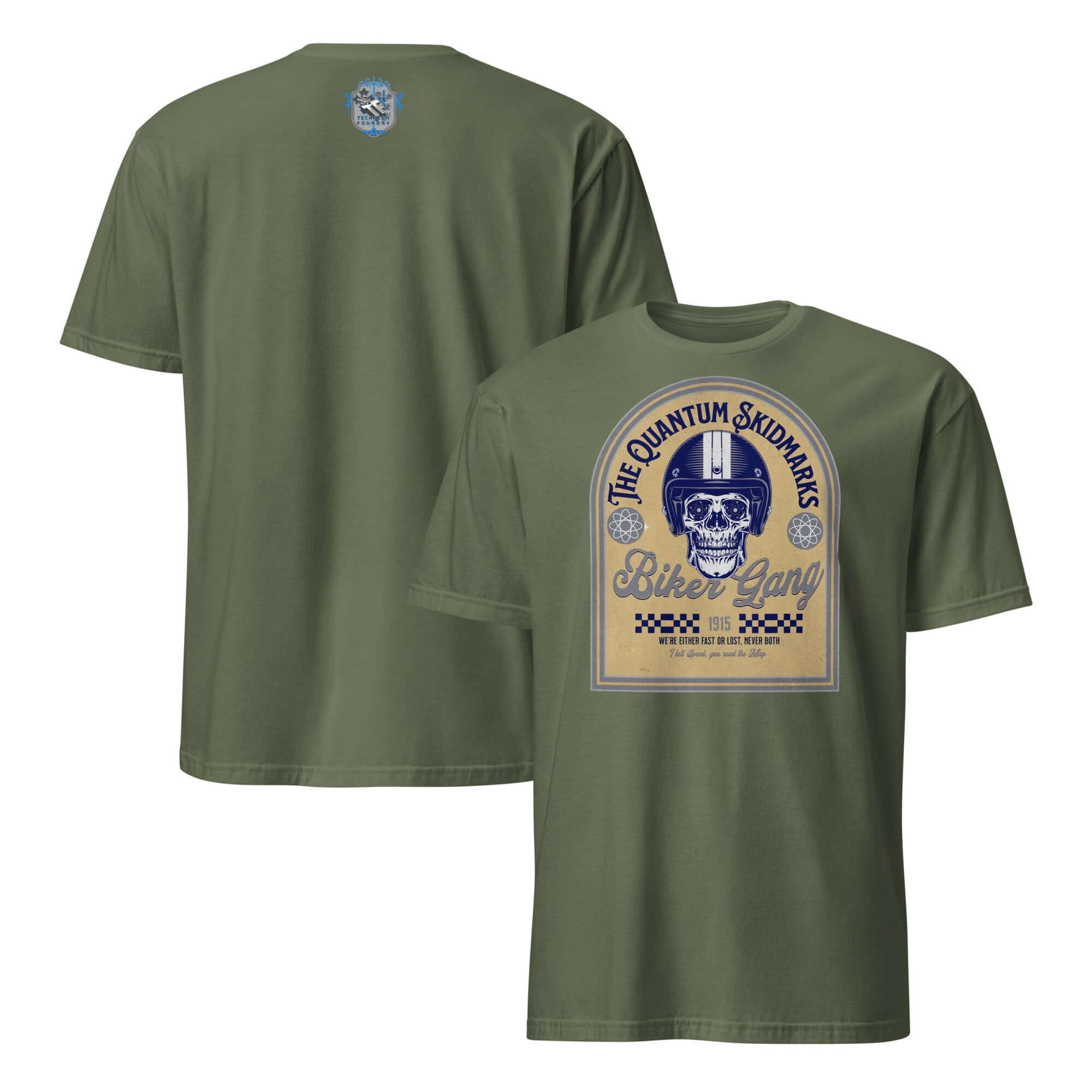 Quantum Skidmarks Motorcycle Club T-Shirt with skull emblem and retro design, Physics Biker Gang Tee in olive green color.