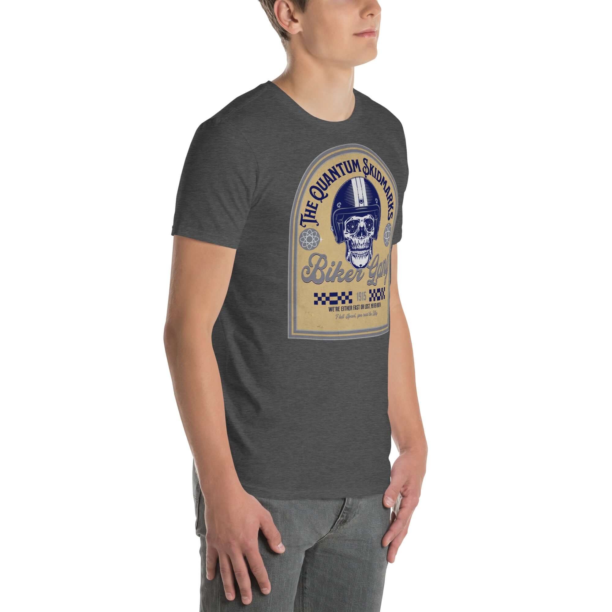 Person wearing Quantum Skidmarks Motorcycle Club T-Shirt with skull graphic and physics theme.