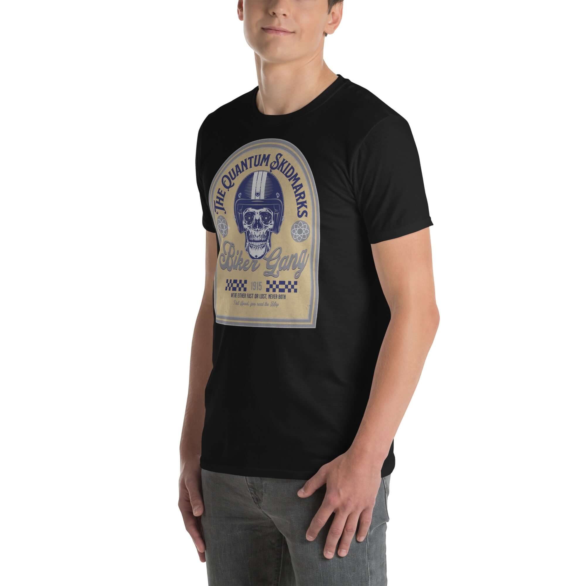 Quantum Skidmarks Motorcycle Club T-Shirt featuring skull design, perfect for physics biker enthusiasts.