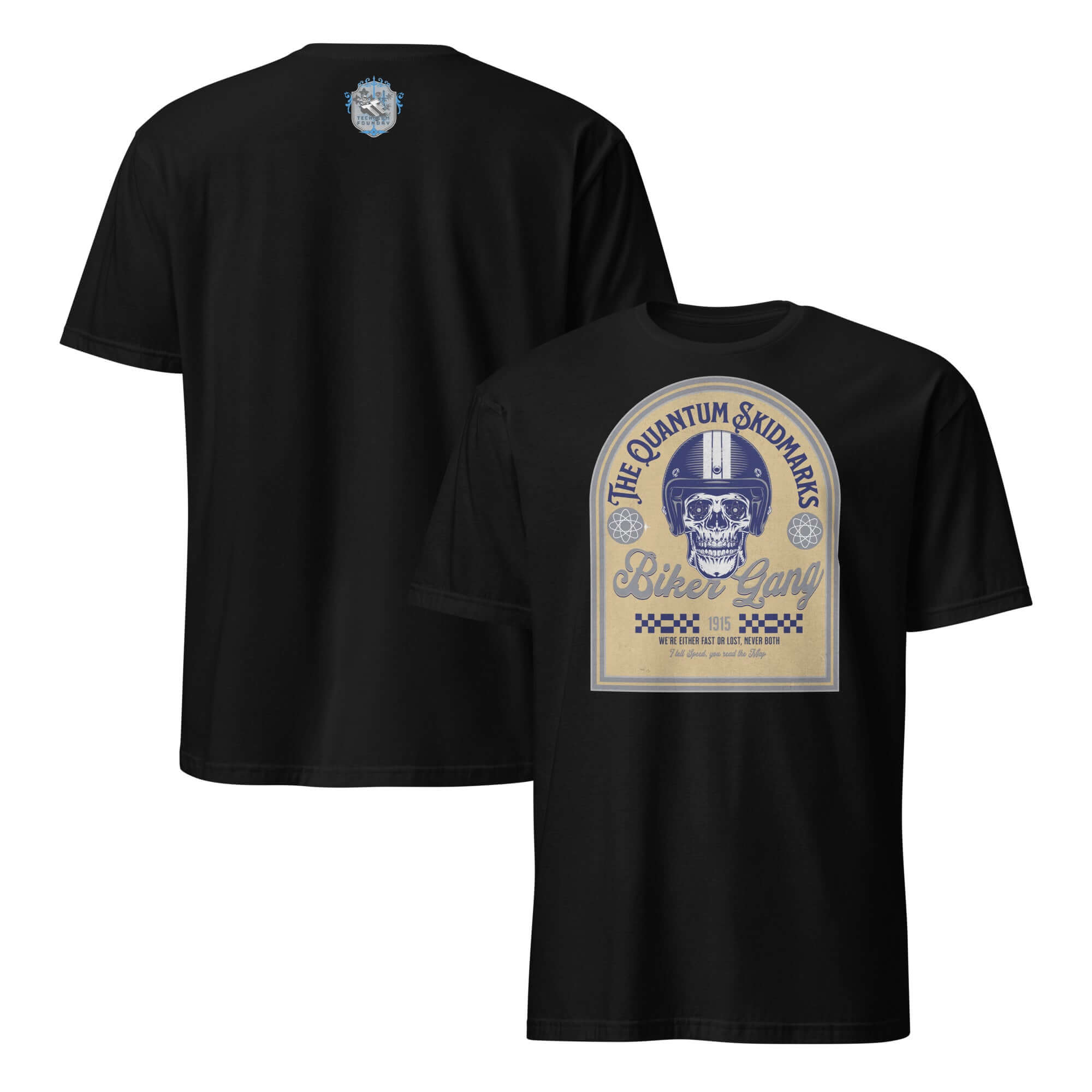 Quantum Skidmarks Motorcycle Club T-Shirt with skull logo, perfect for physics and biker enthusiasts.
