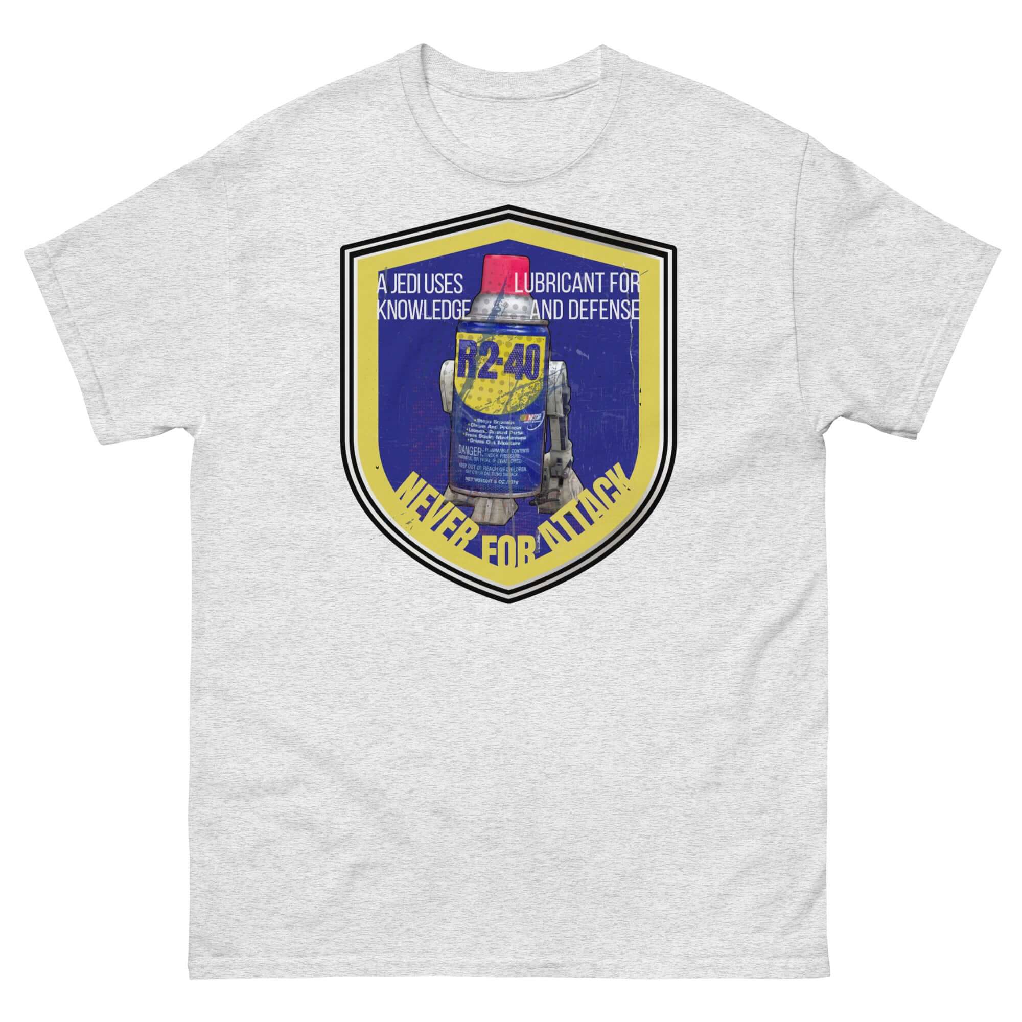 R2-D2 WD-40 parody t-shirt with Star Wars mechanic humor design, featuring "A Jedi Uses Lubricant" slogan on a shield.