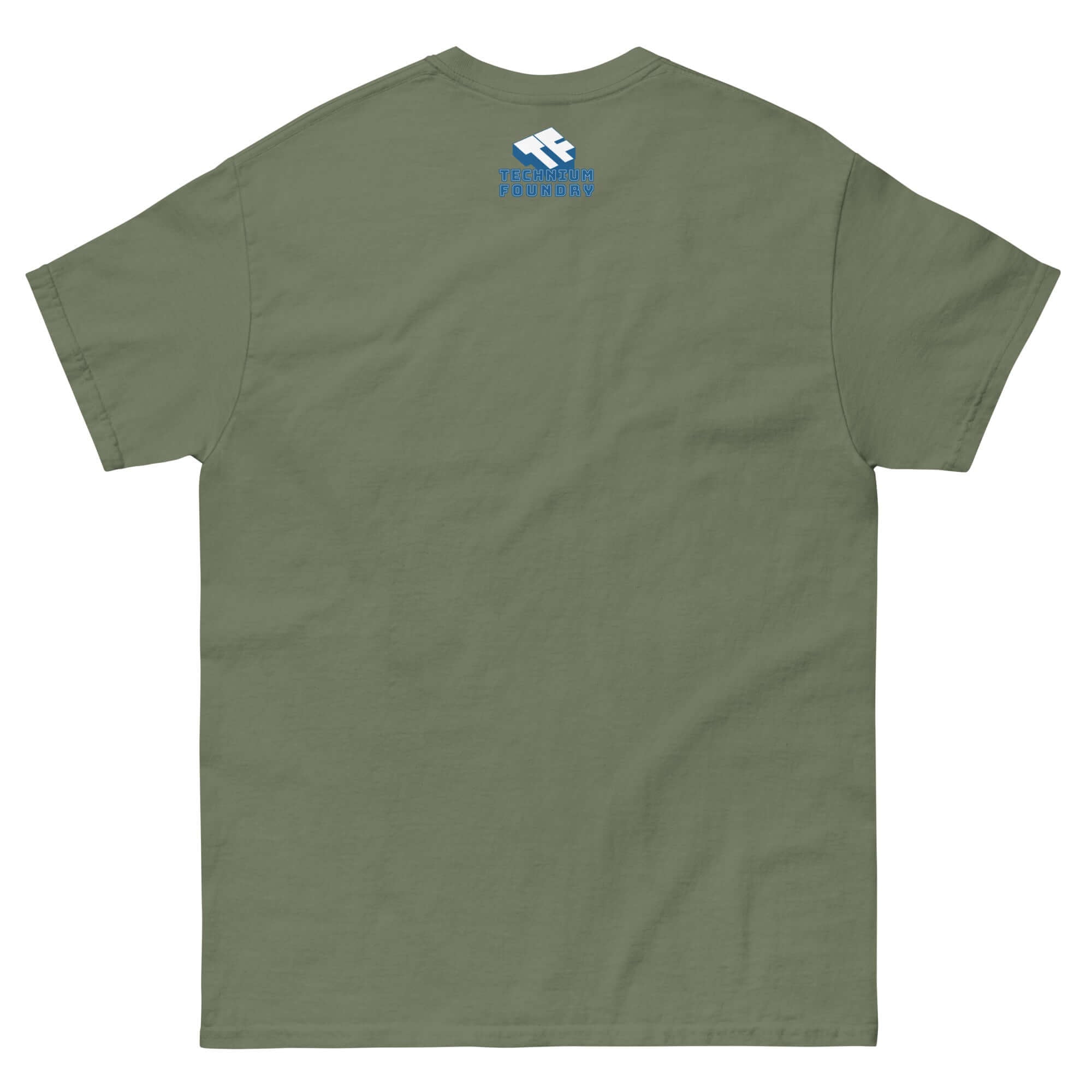 Back view of olive green R2-D2 WD-40 parody Star Wars mechanic tee, featuring a small blue graphic on the upper back.