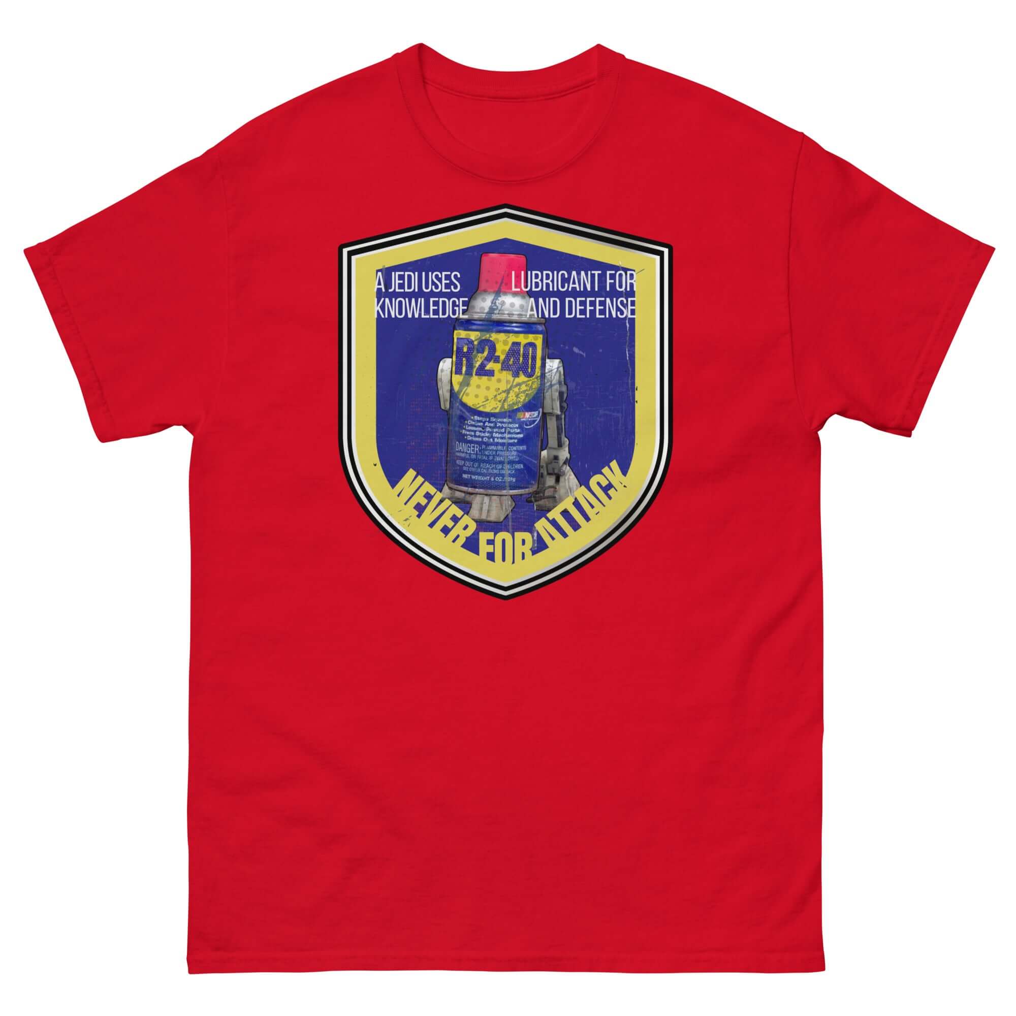 Red R2-D2 WD-40 parody t-shirt with Star Wars mechanic humor graphic.