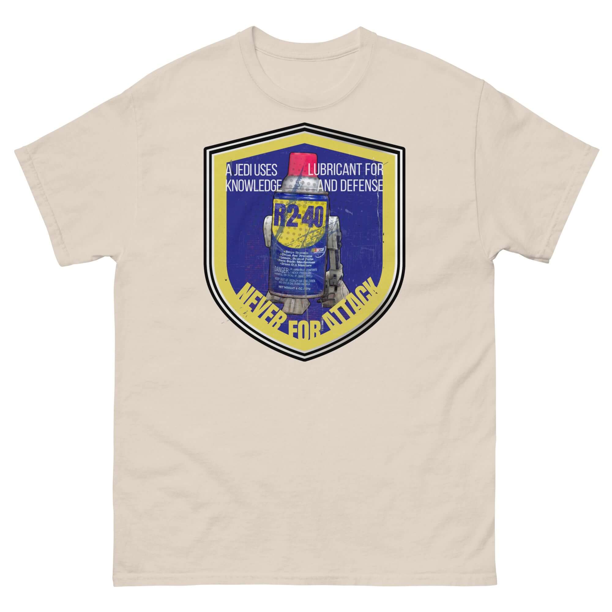 R2-D2 WD-40 Parody T-Shirt featuring Star Wars mechanic humor with text 'A Jedi Uses Lubricant For Knowledge and Defense'.