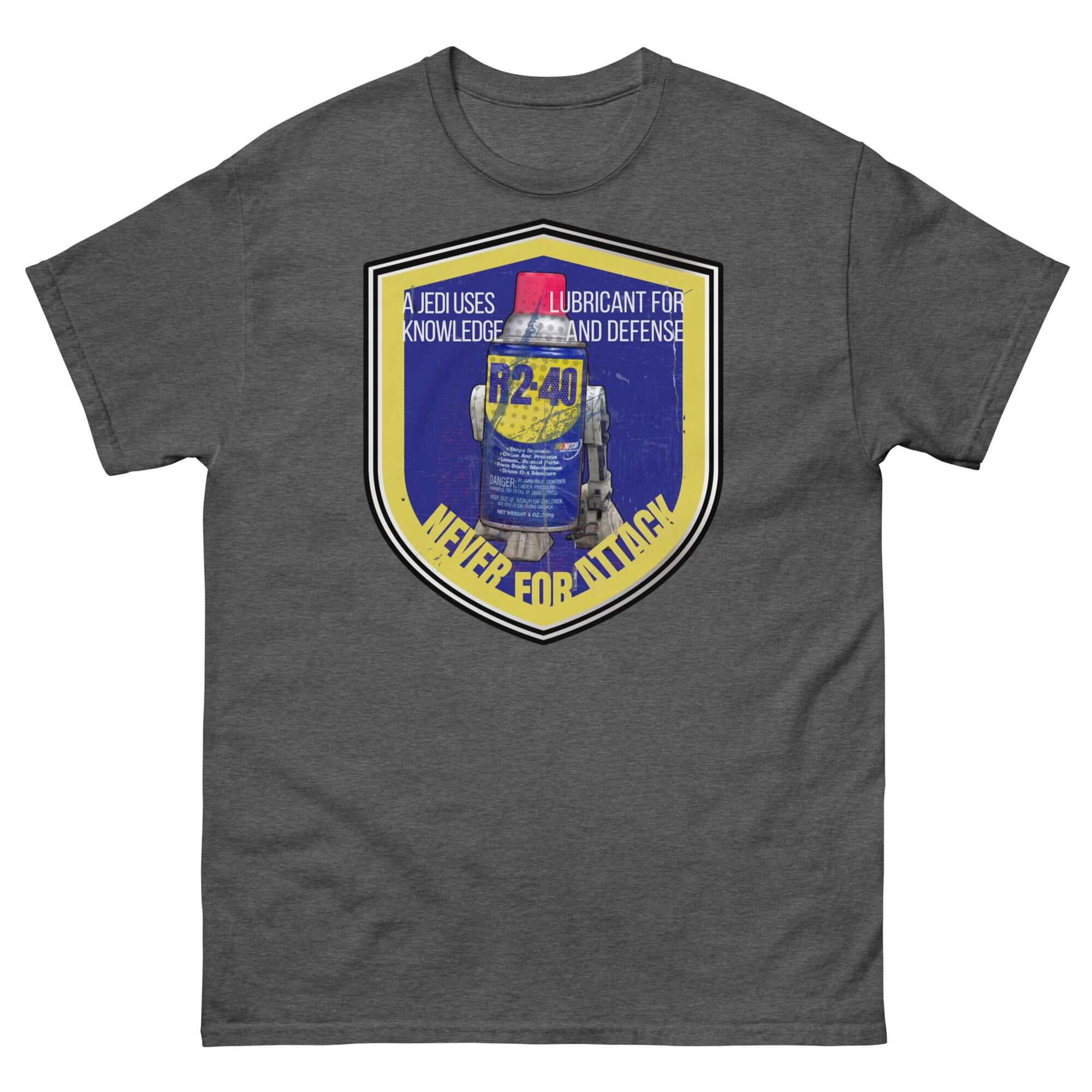 R2-D2 WD-40 Parody Star Wars Mechanic Humor T-Shirt with Jedi Uses Lubricant design.