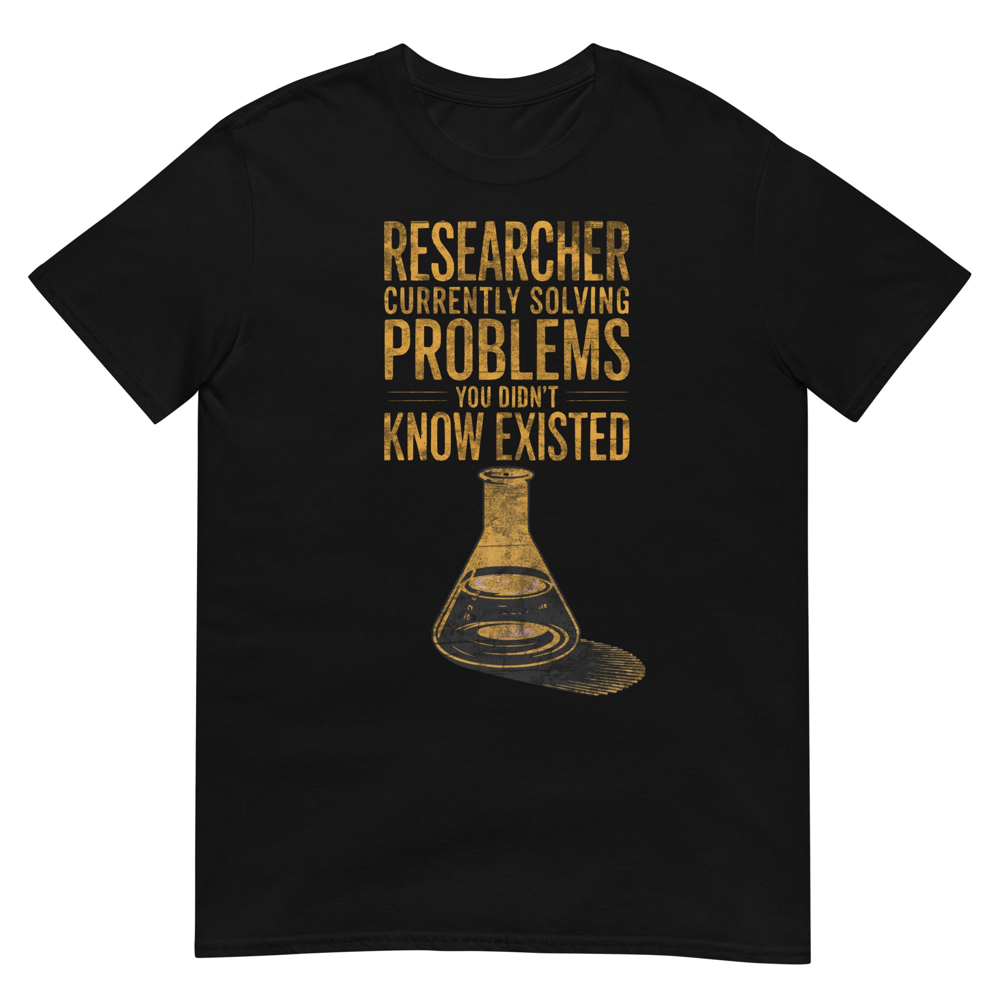 Black T-shirt with humorous research scientist slogan and beaker graphic, ideal for academic problem solvers.