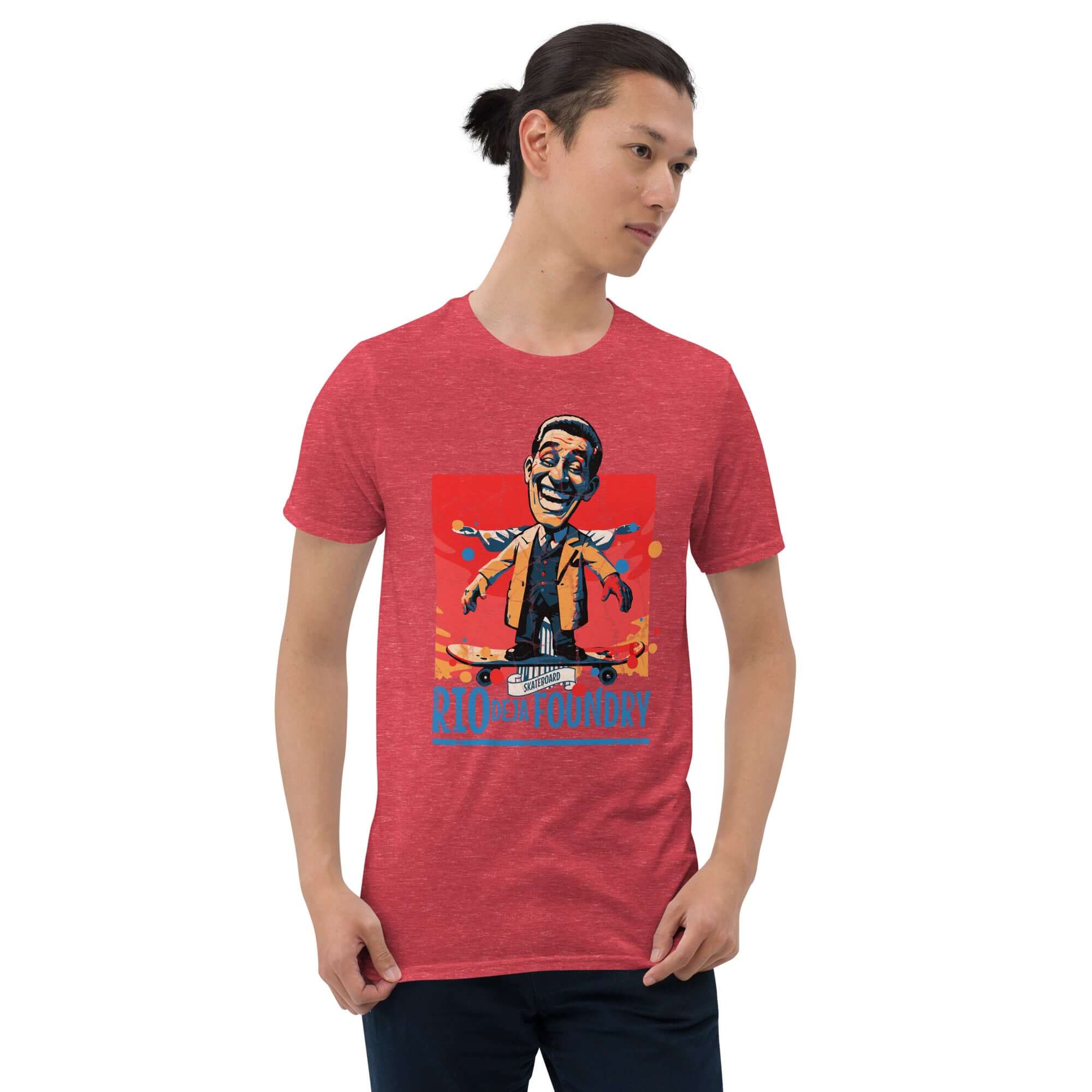 Rio De La Foundry T-Shirt with vintage skateboarding character in red, featuring a grinning figure in mustard jacket and blue vest.