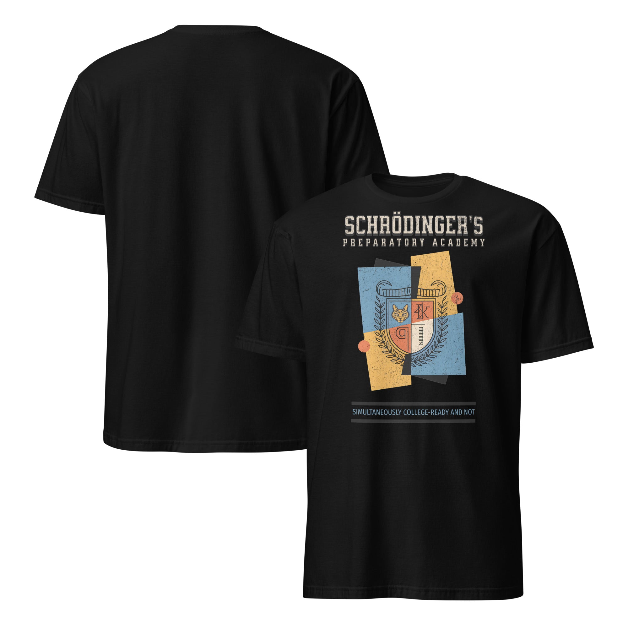 Schrödinger's Preparatory Academy T-Shirt with academic humor design featuring crest on black shirt.