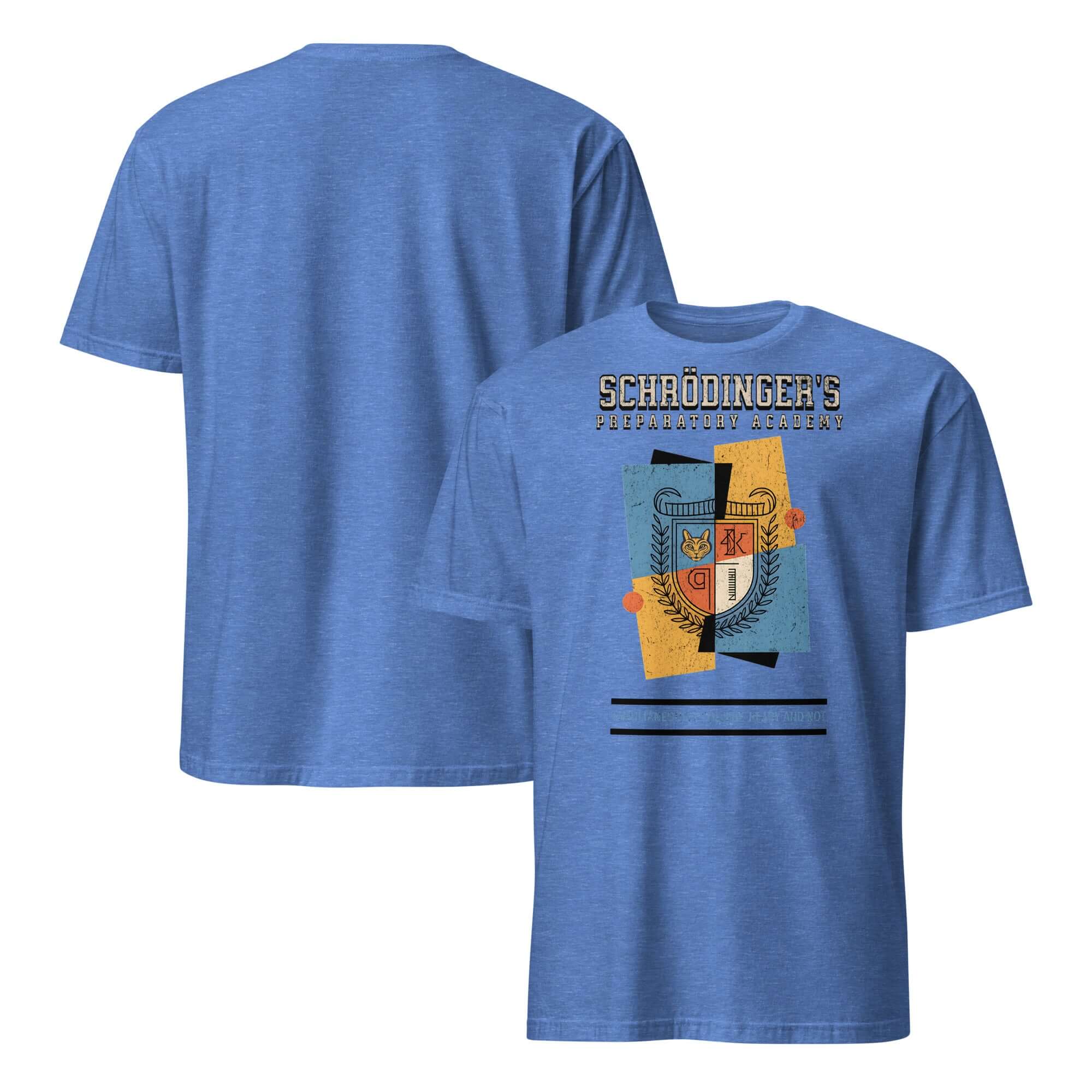 Blue Schrödinger's Preparatory Academy T-Shirt featuring a humorous quantum physics crest design for academic enthusiasts.
