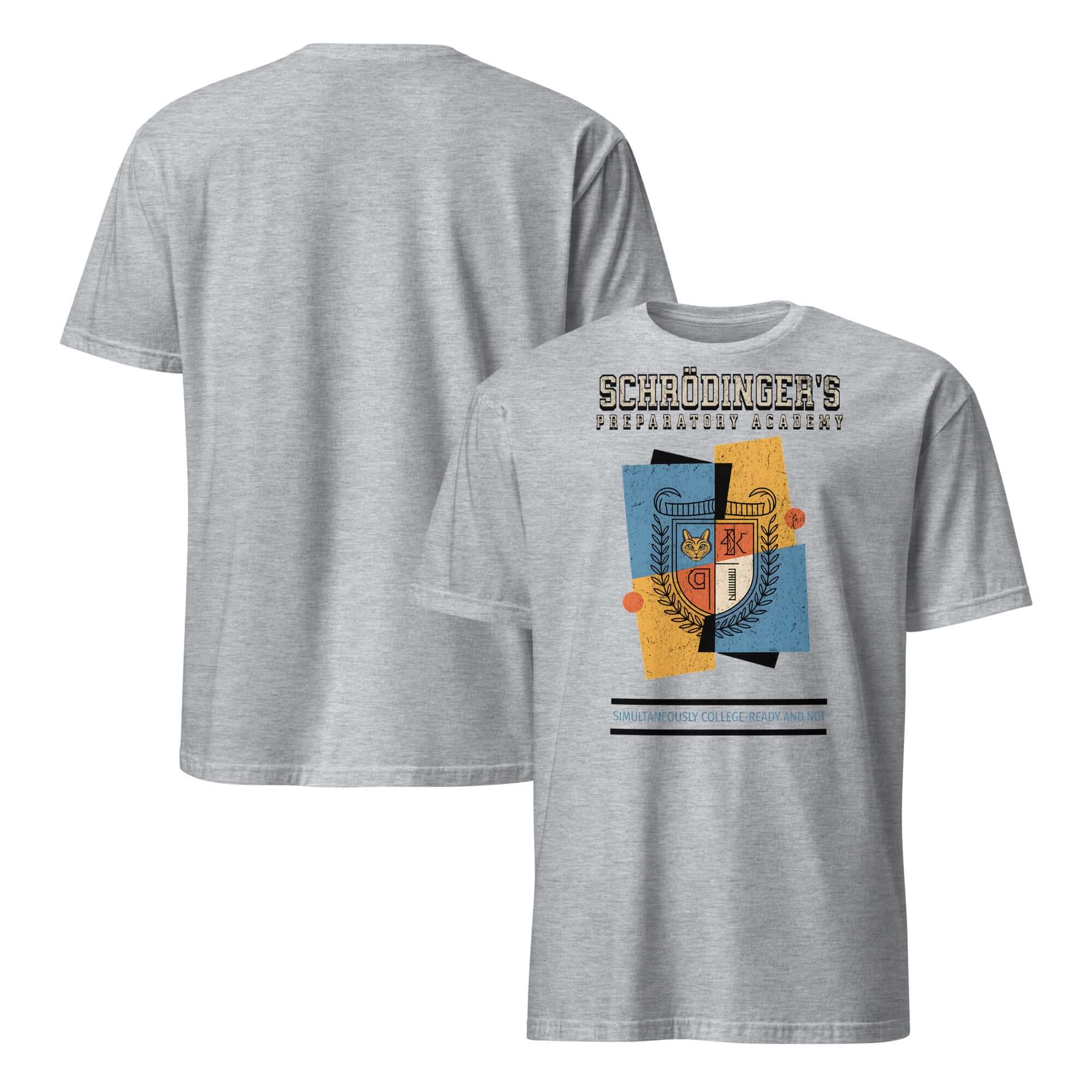 Schrödinger's Preparatory Academy T-shirt featuring quantum physics humor and crest on a grey shirt, academic parody