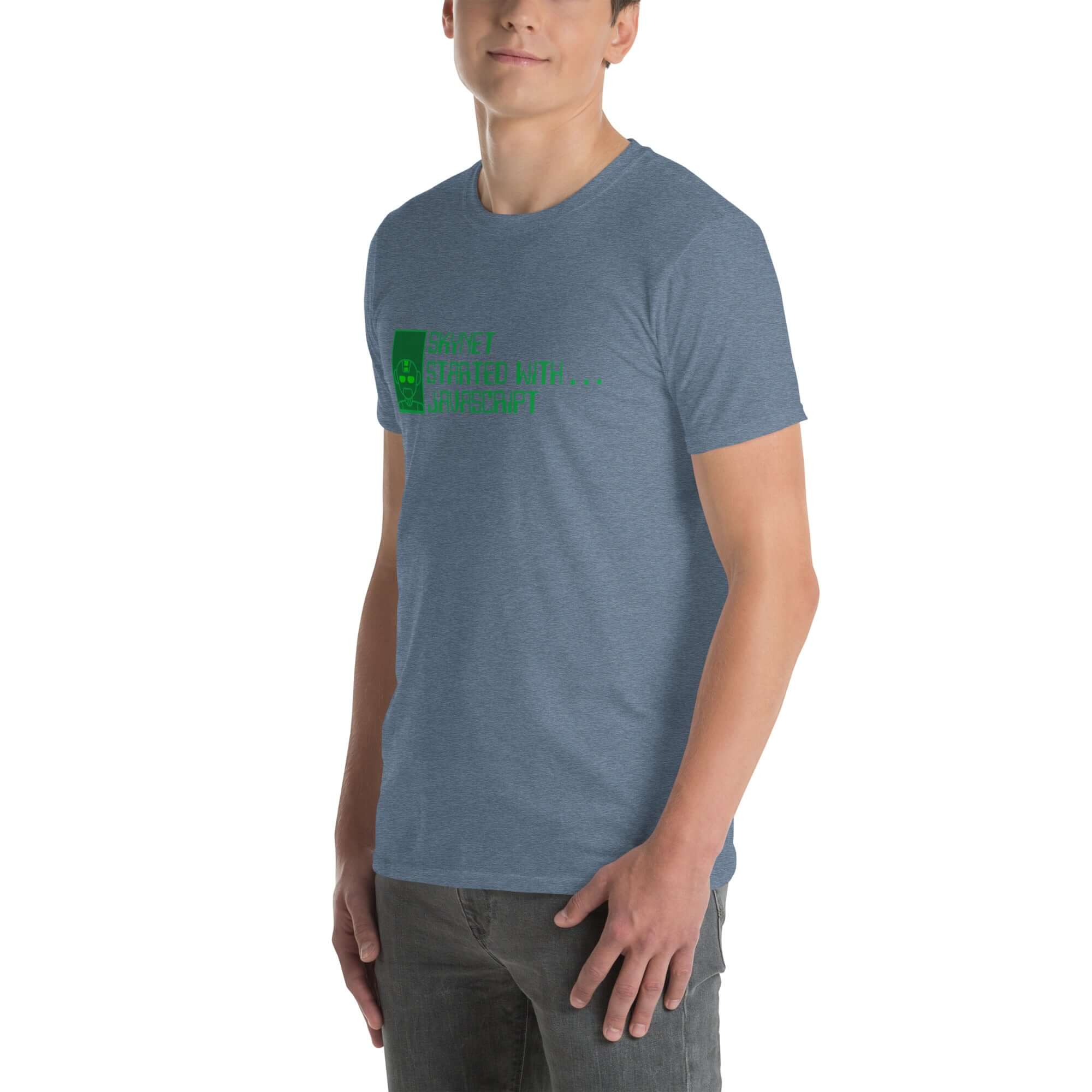 Skynet Started With JavaScript T-Shirt, AI Programming Humor, blue tee with green text, worn by model, tech-themed apparel