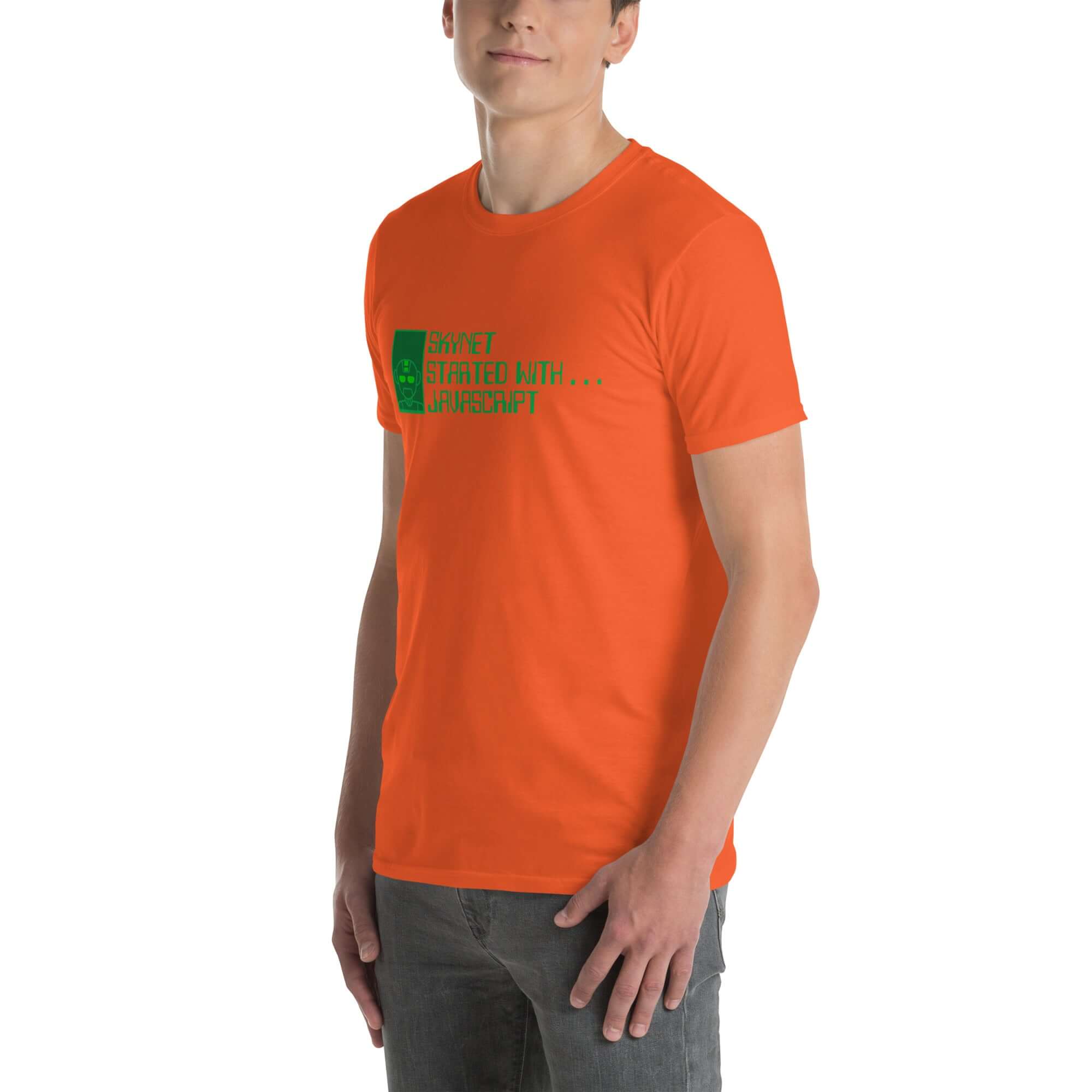 Orange T-shirt with 'Skynet Started With JavaScript' text featuring AI programming humor