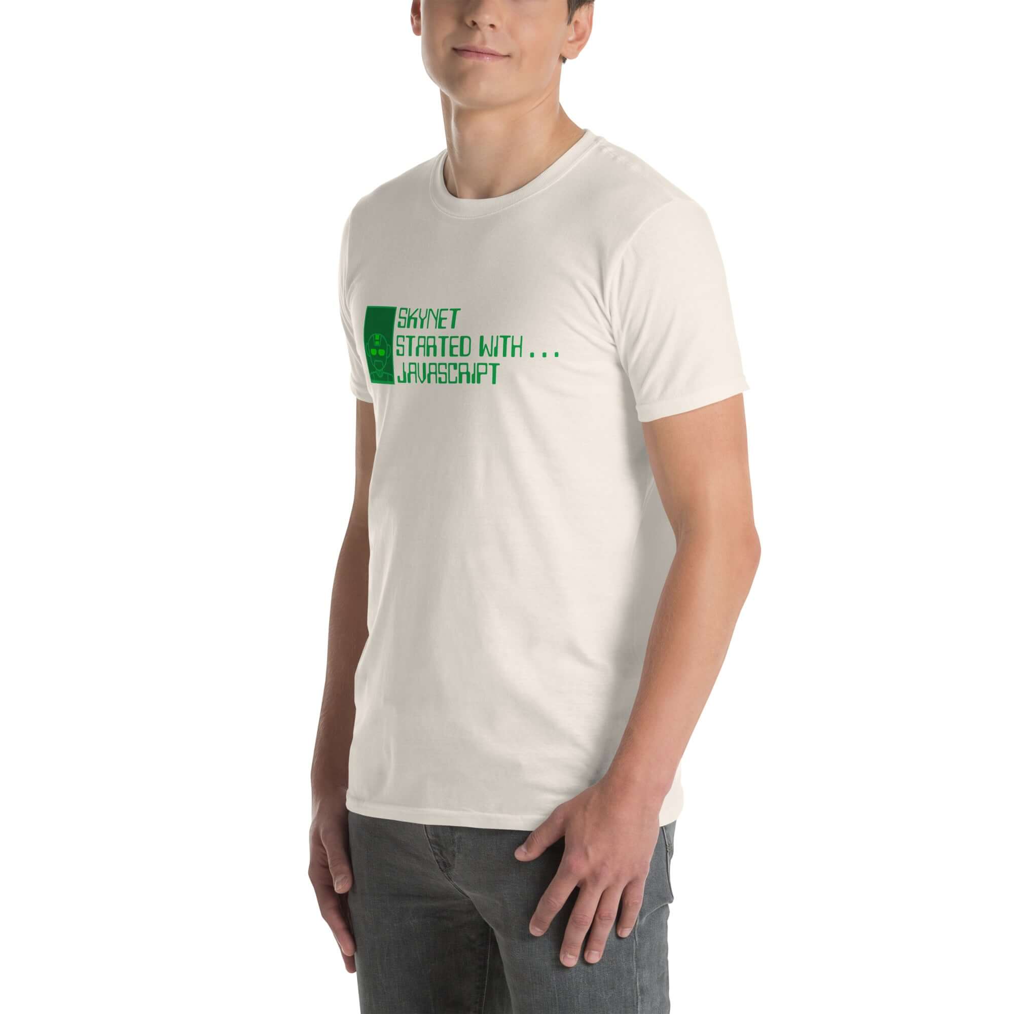 Skynet Started With JavaScript T-Shirt featuring AI programming humor for tech enthusiasts.