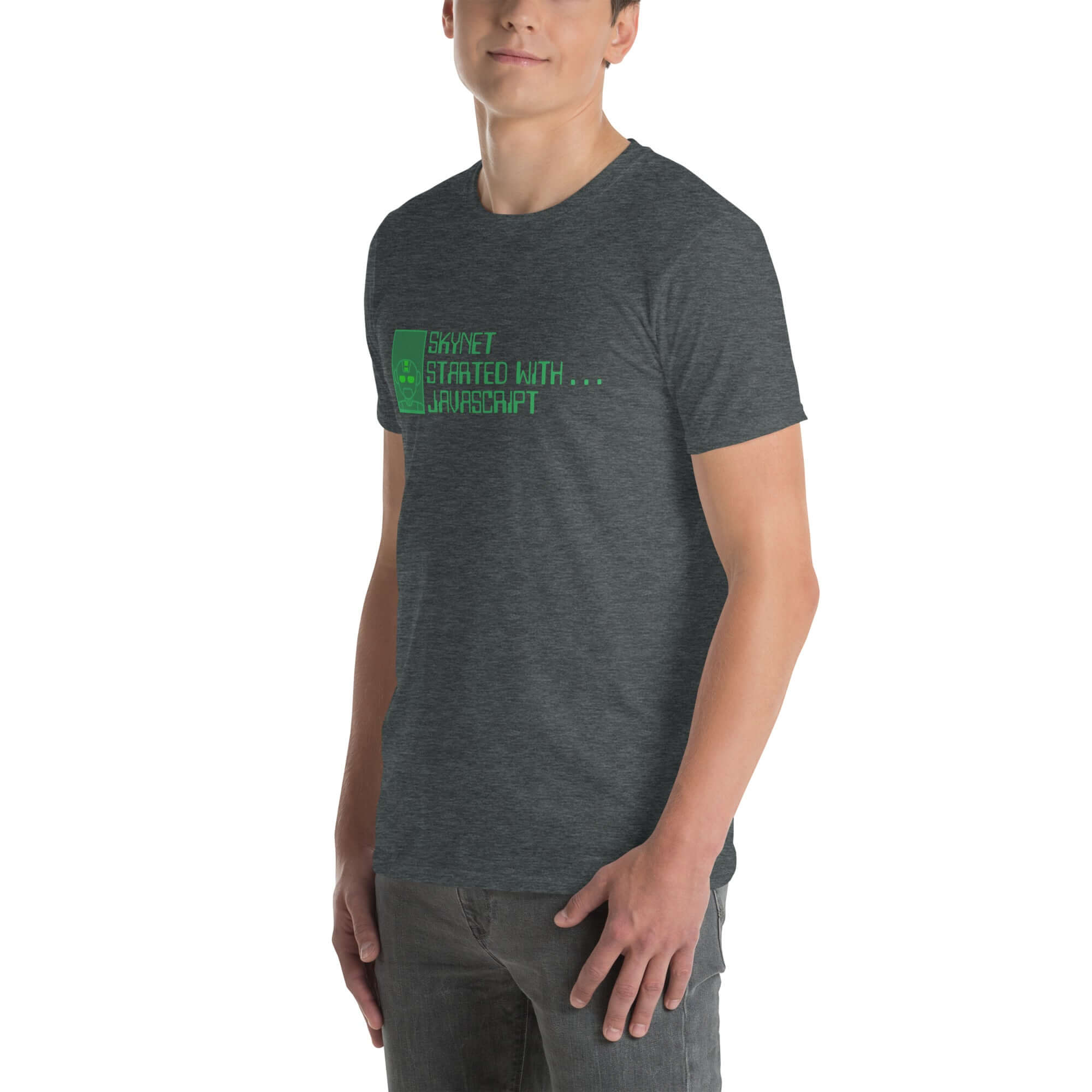 Gray T-shirt with green text 'Skynet Started With JavaScript' featuring AI programming humor.